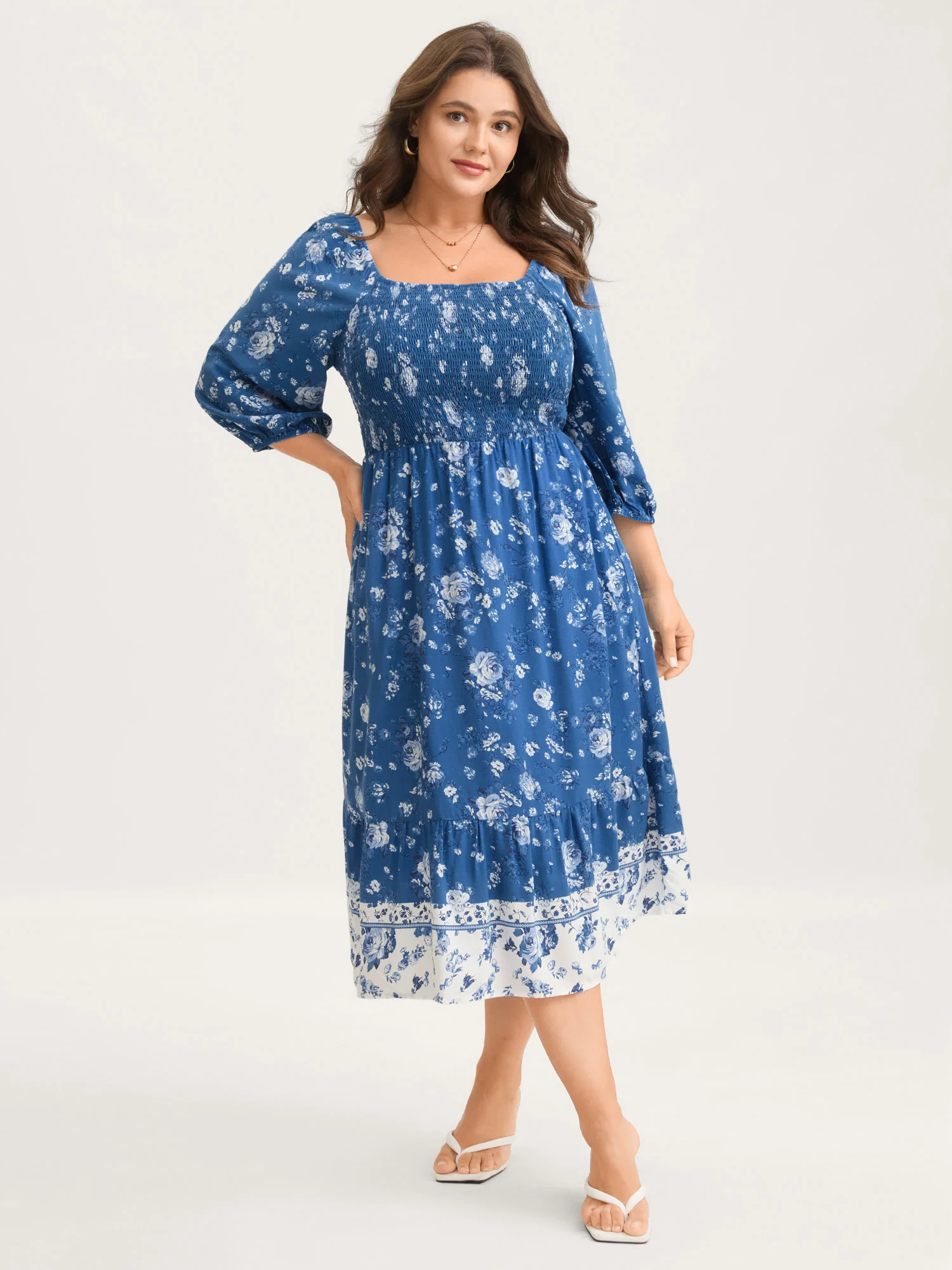 Rosy Print Shirred Bust Pockets Midi Dress - Image 3