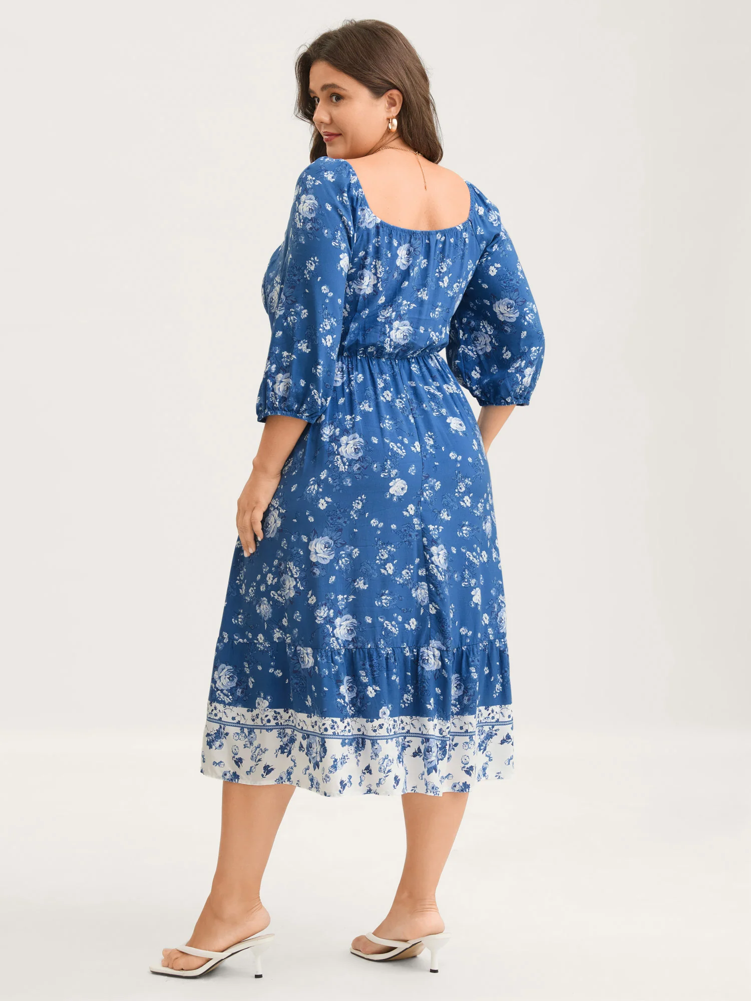 Rosy Print Shirred Bust Pockets Midi Dress - Image 4