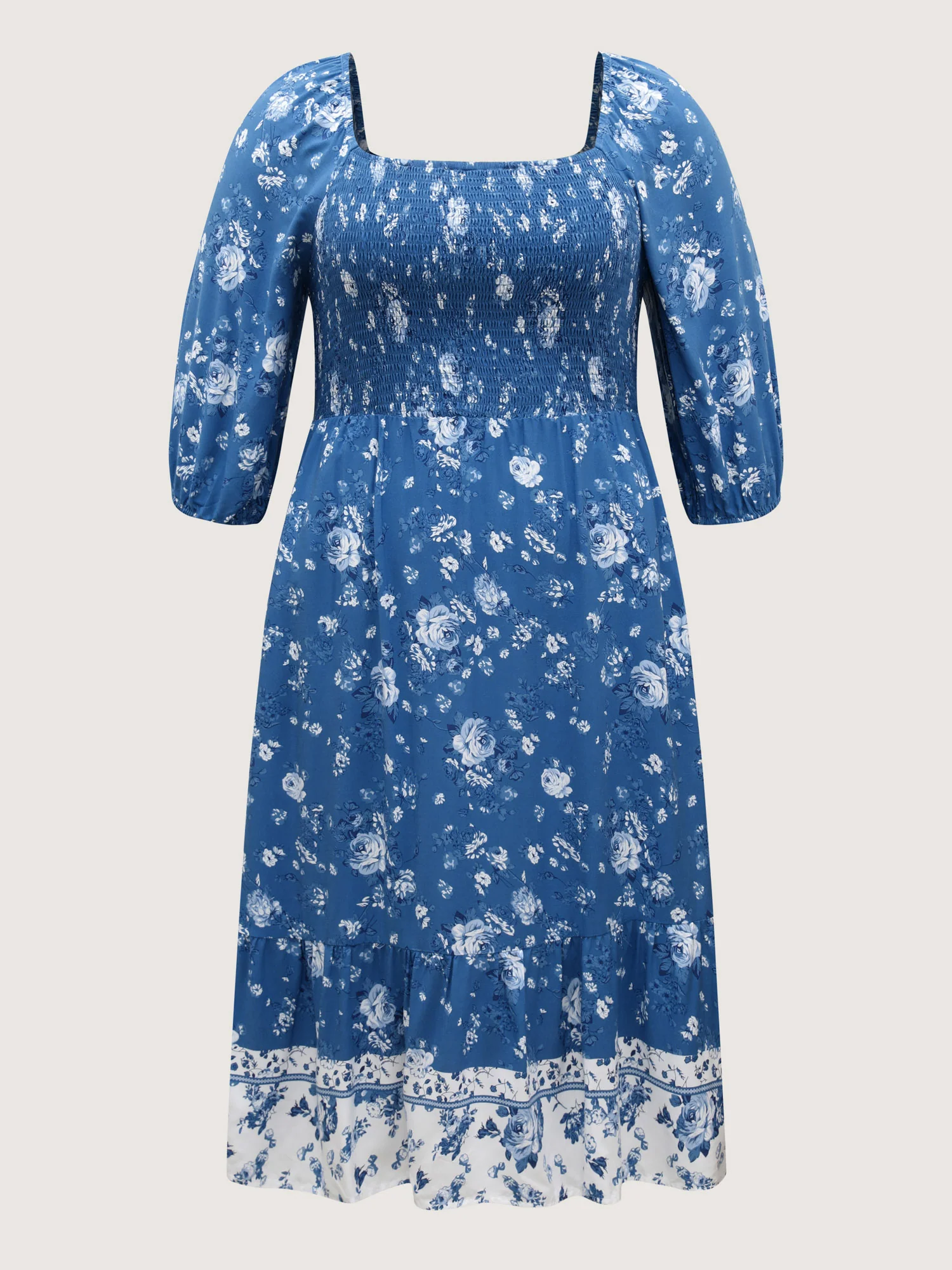 Rosy Print Shirred Bust Pockets Midi Dress - Image 7