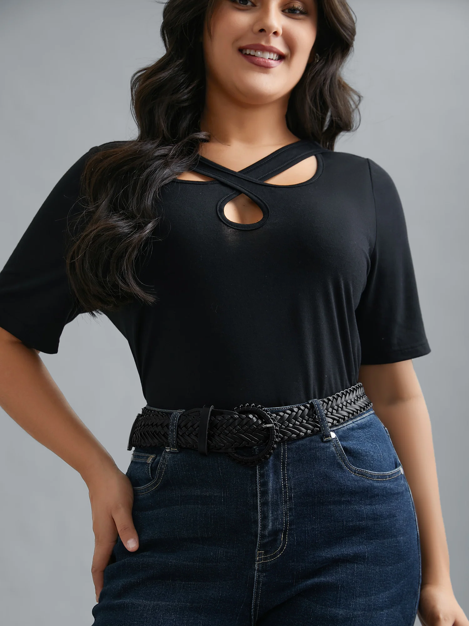 Round Buckle Plain Woven Belt - Image 5