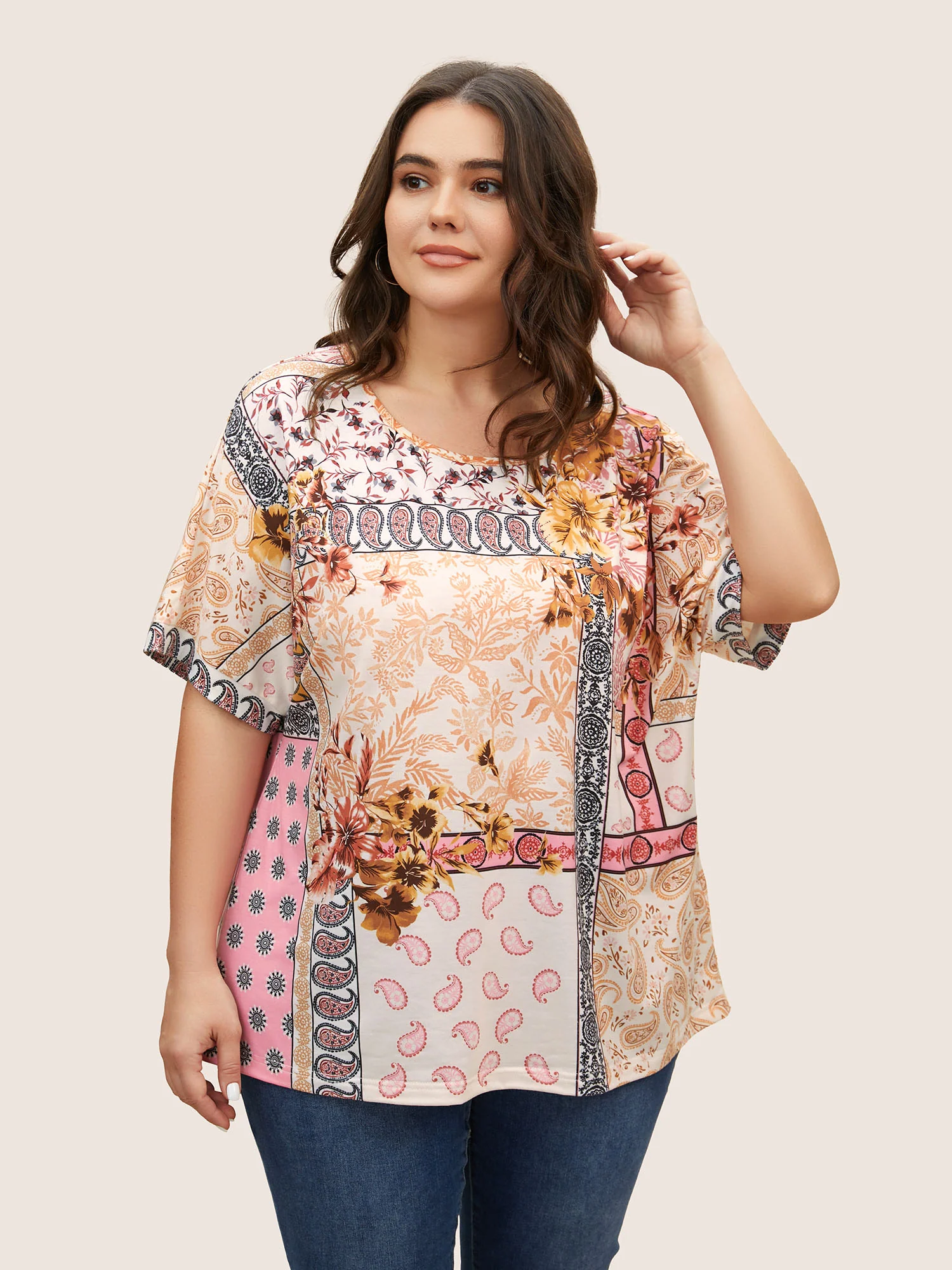 Round Neck Boho Print Patchwork T-shirt