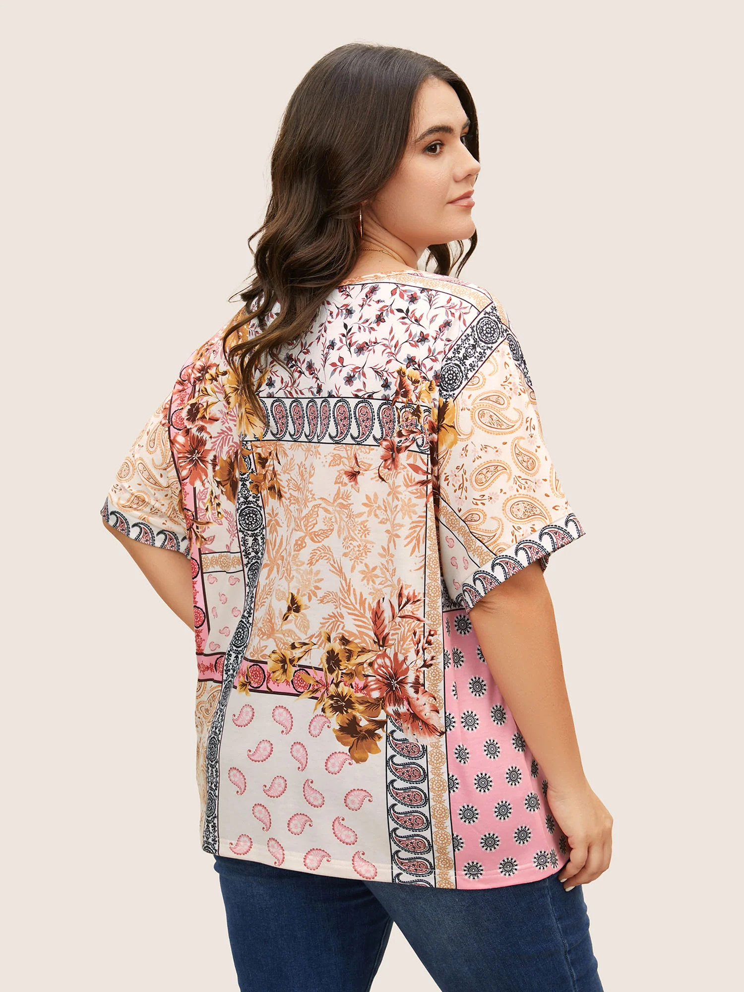 Round Neck Boho Print Patchwork T-shirt - Image 2