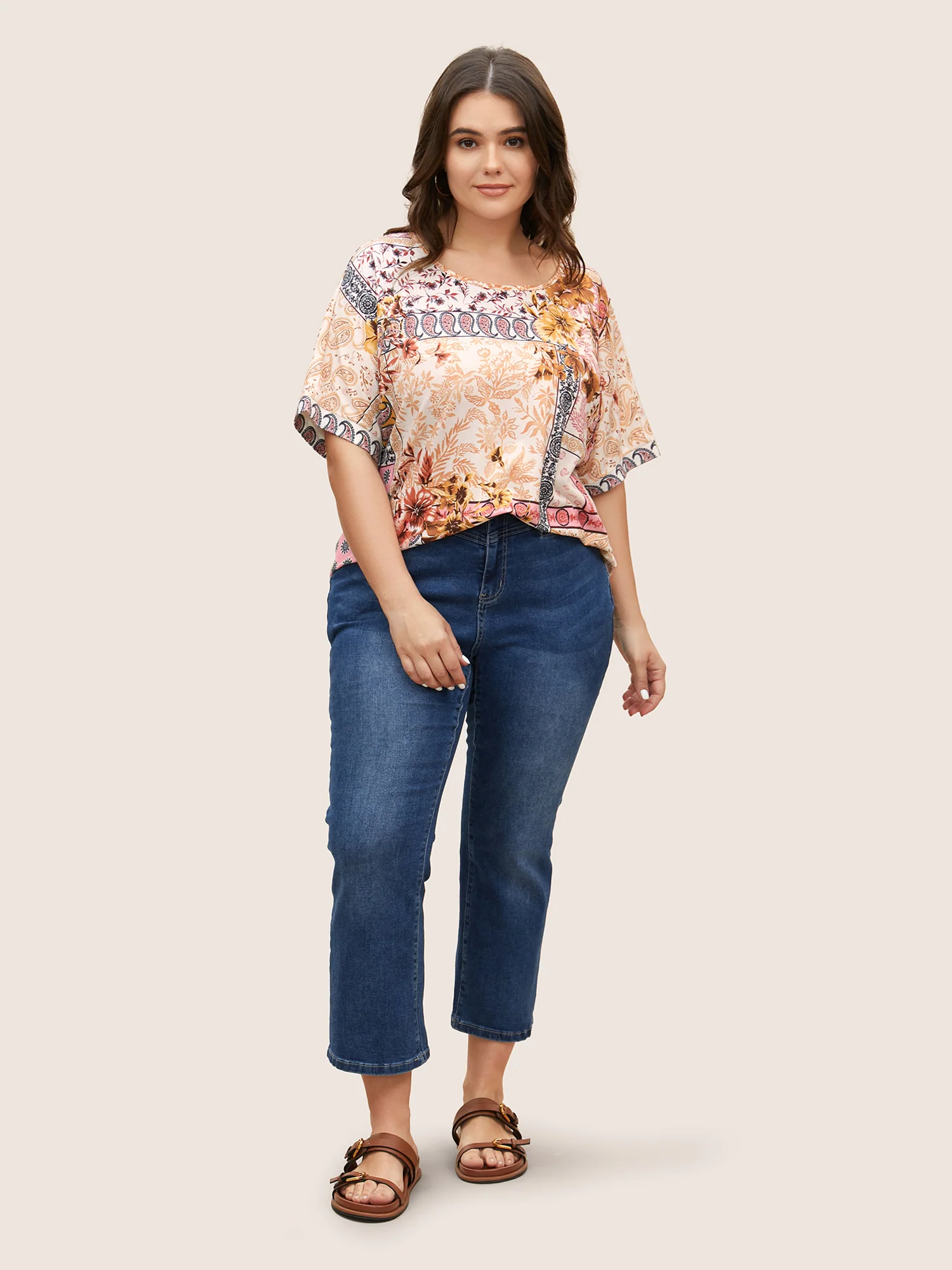 Round Neck Boho Print Patchwork T-shirt - Image 3