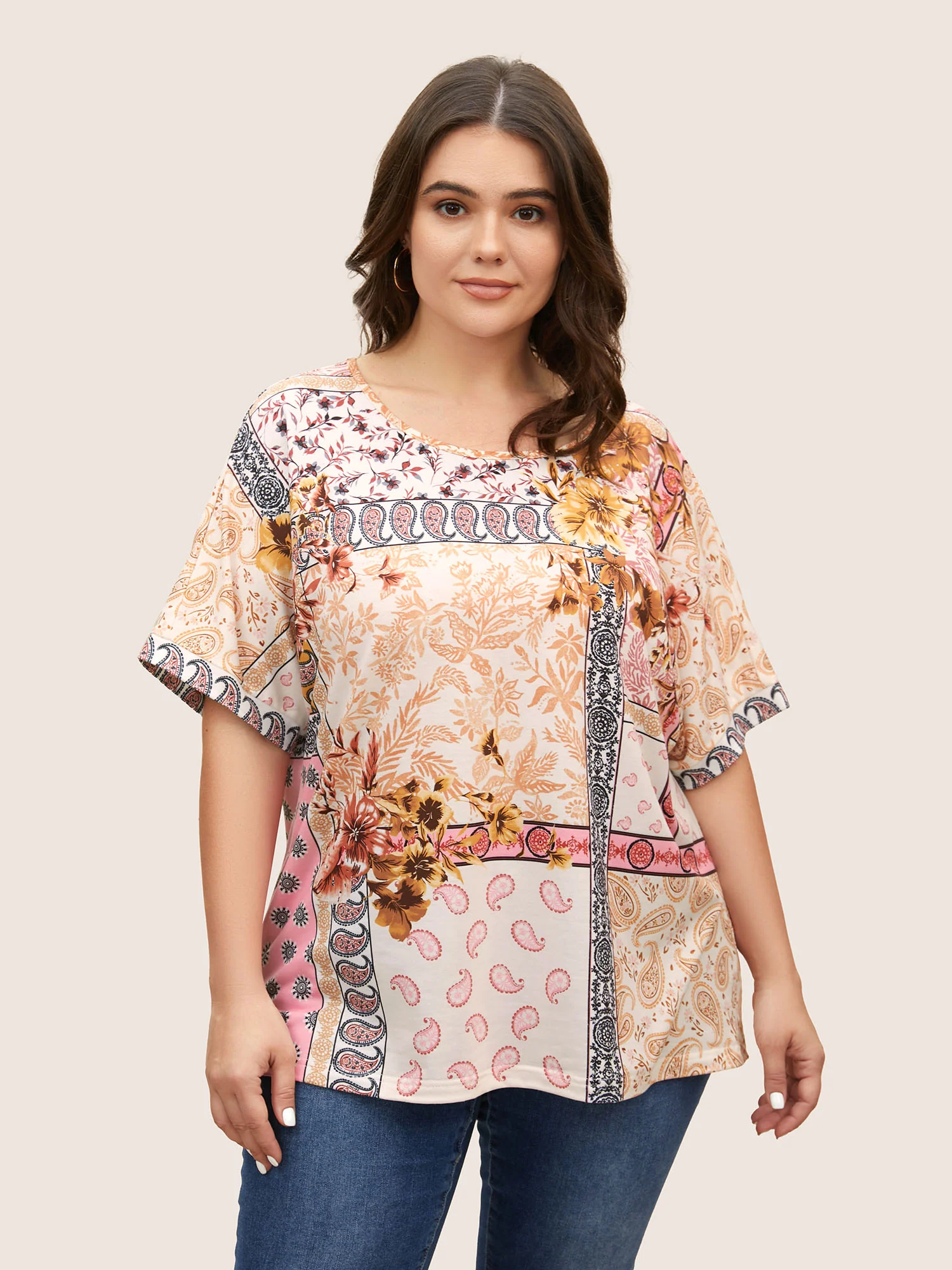 Round Neck Boho Print Patchwork T-shirt - Image 4