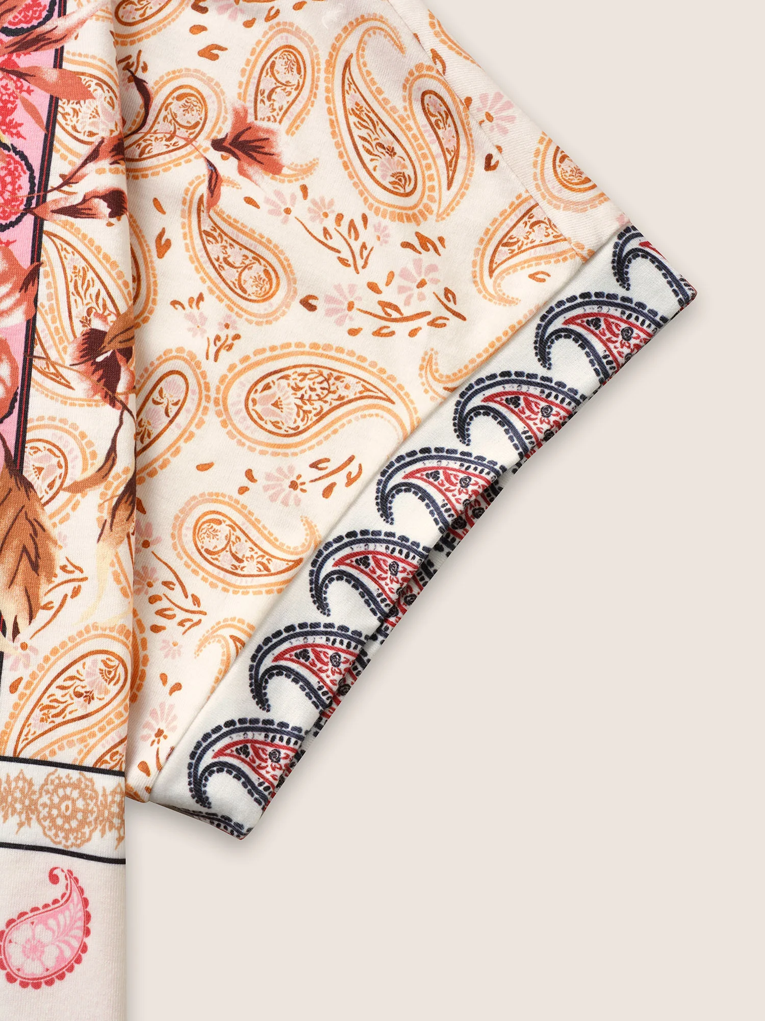 Round Neck Boho Print Patchwork T-shirt - Image 6