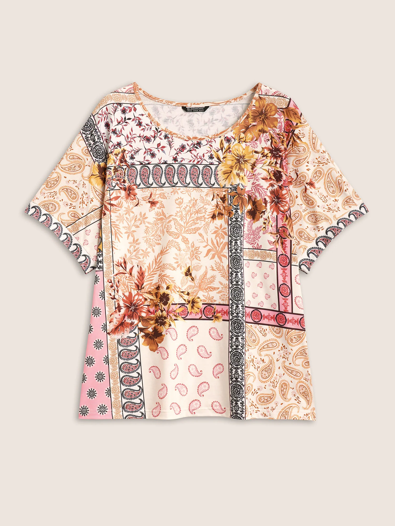 Round Neck Boho Print Patchwork T-shirt - Image 8