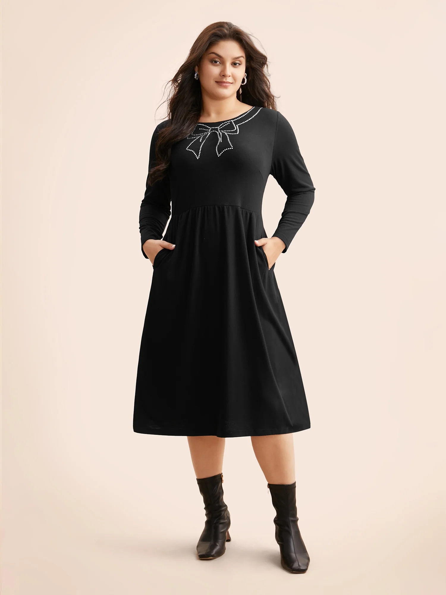 Round Neck Bowknot Rhinestone Dress - Image 2