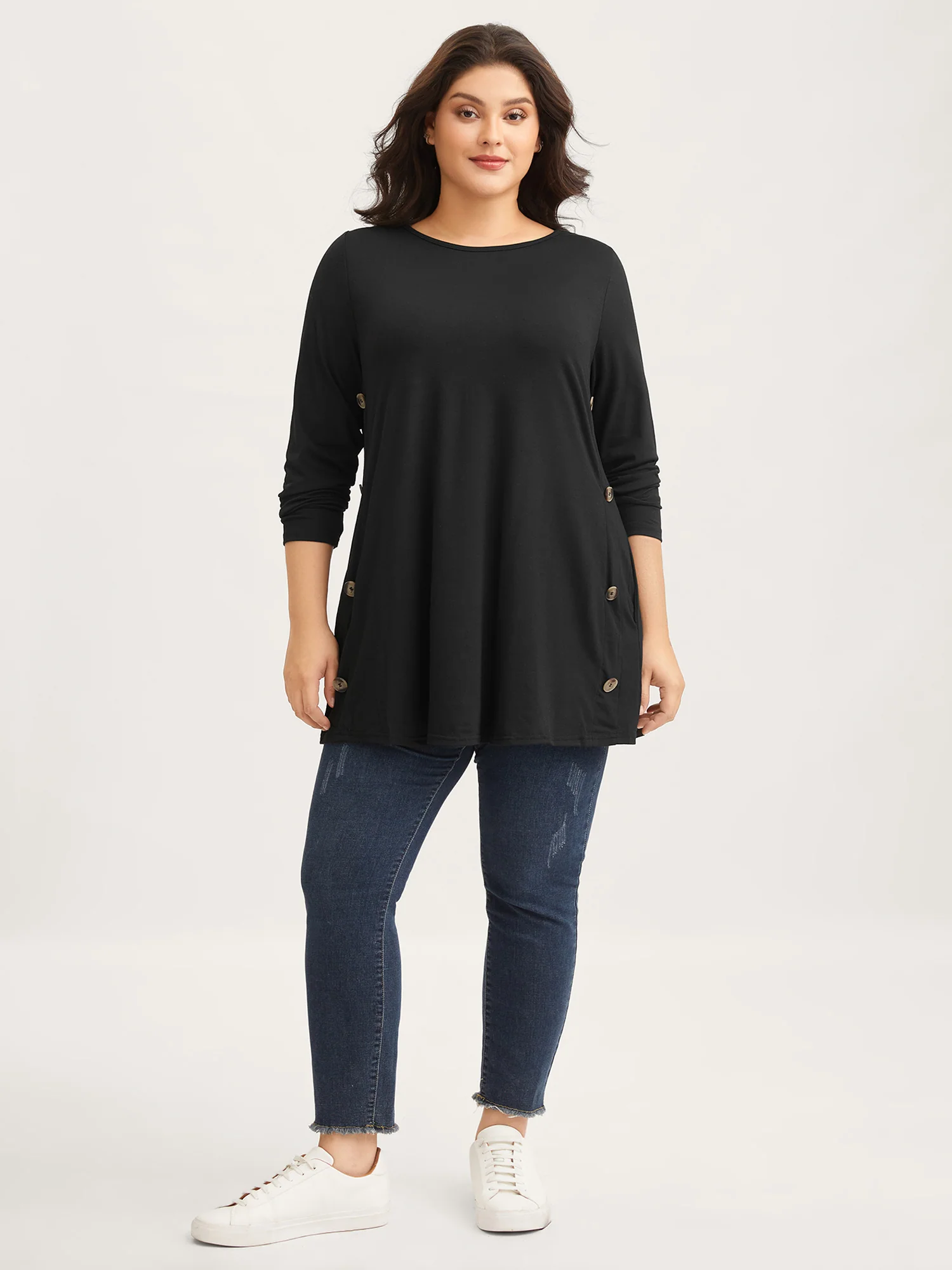 Round Neck Button Slim-Fit Knit Top - Image 4