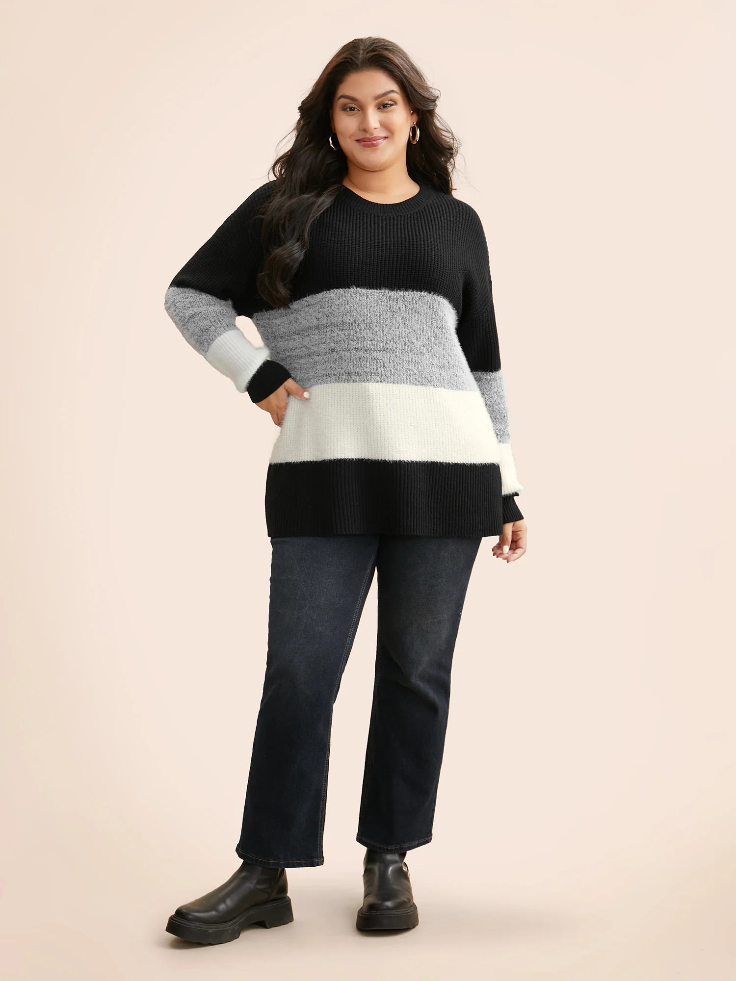 Round Neck Colorblock Contrast Pullover - Image 4