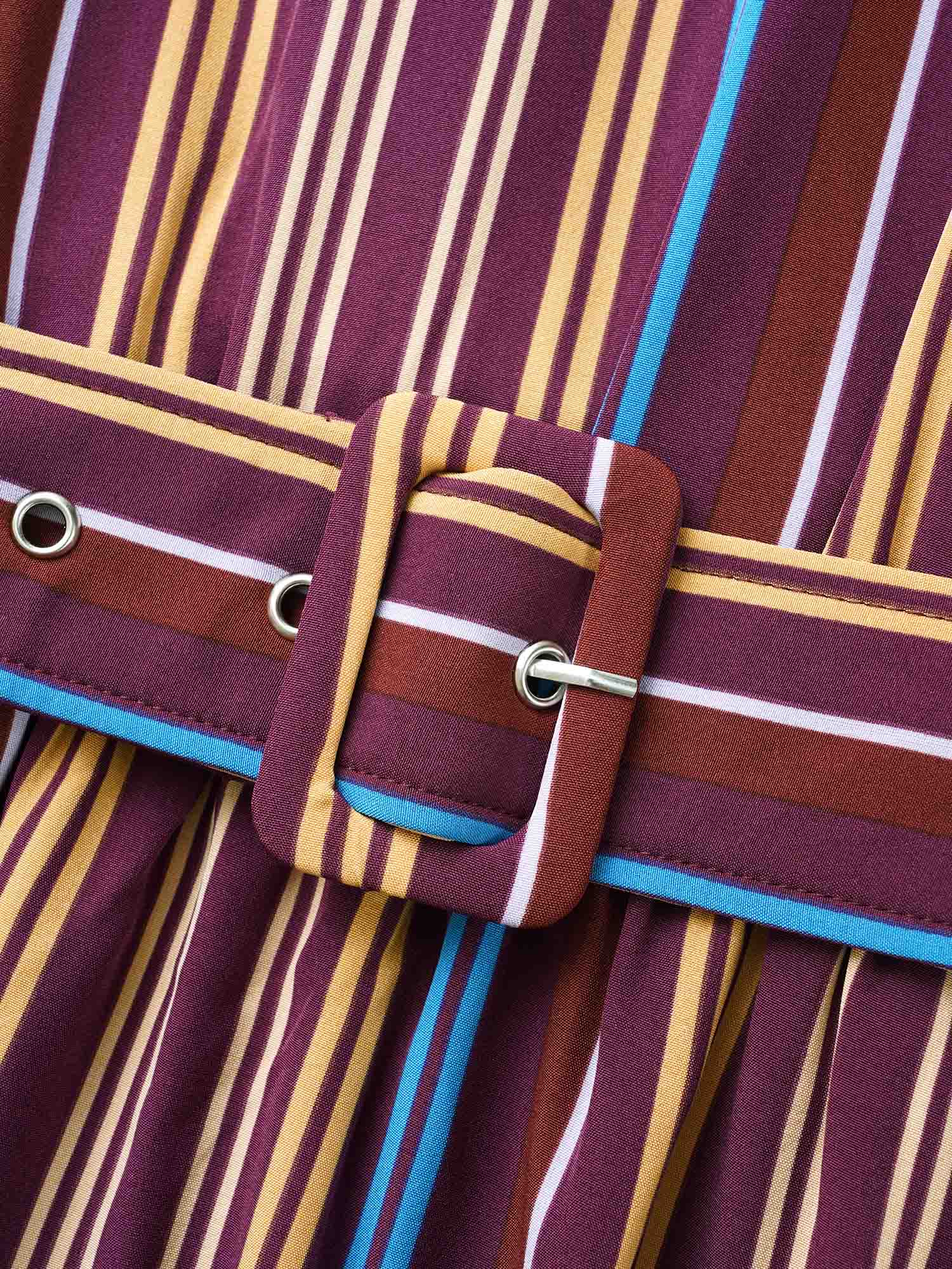 Round Neck Contrast Striped Belted Dress - Image 5