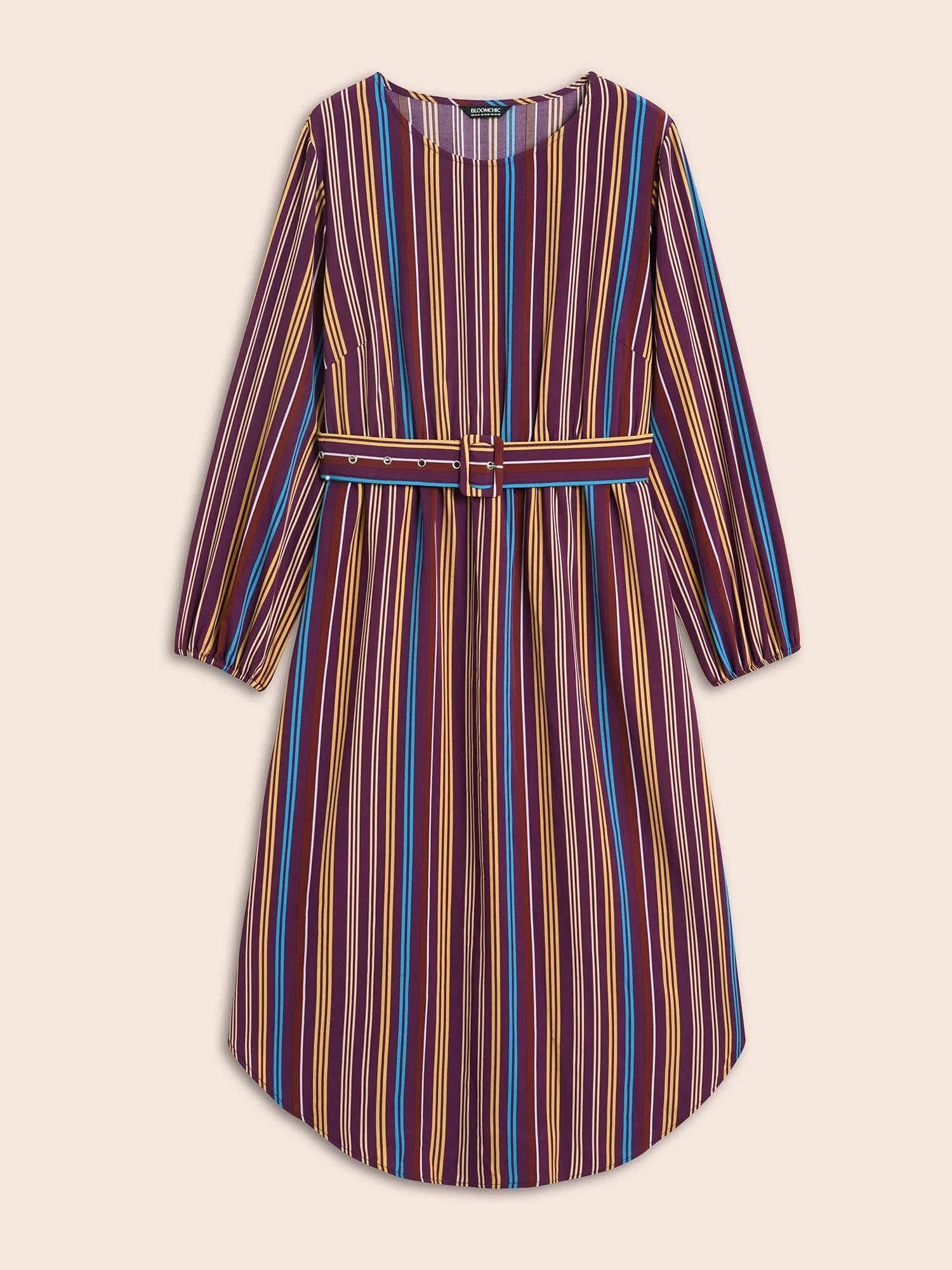 Round Neck Contrast Striped Belted Dress - Image 7
