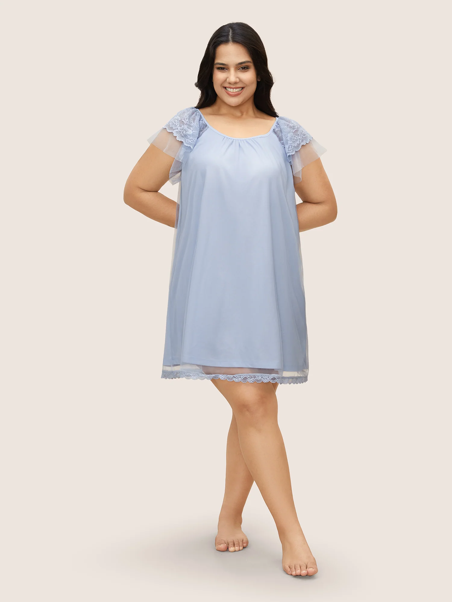 Crochet Lace Sheer Sleeve Gathered Nightgown - Image 2