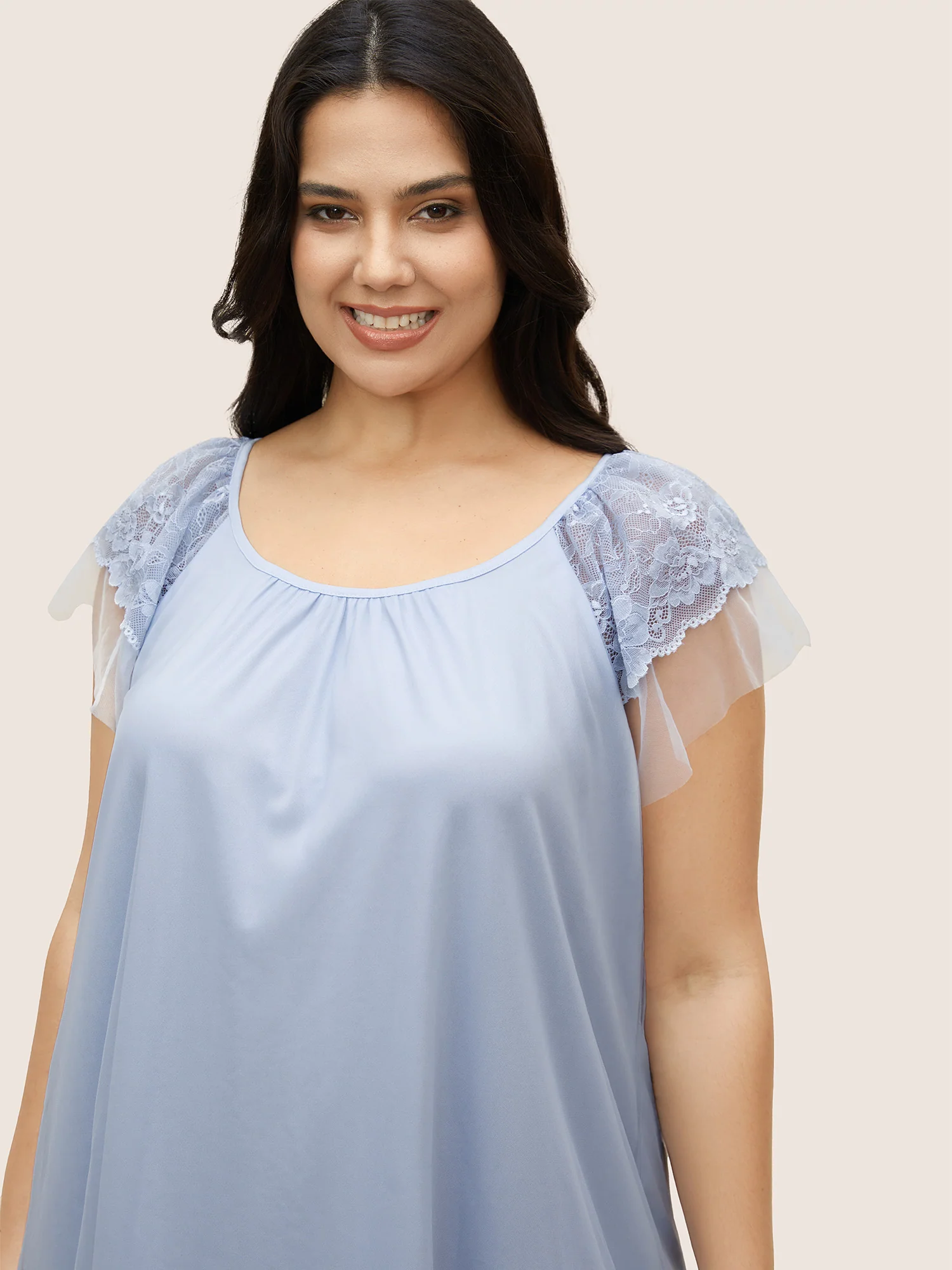 Crochet Lace Sheer Sleeve Gathered Nightgown - Image 4