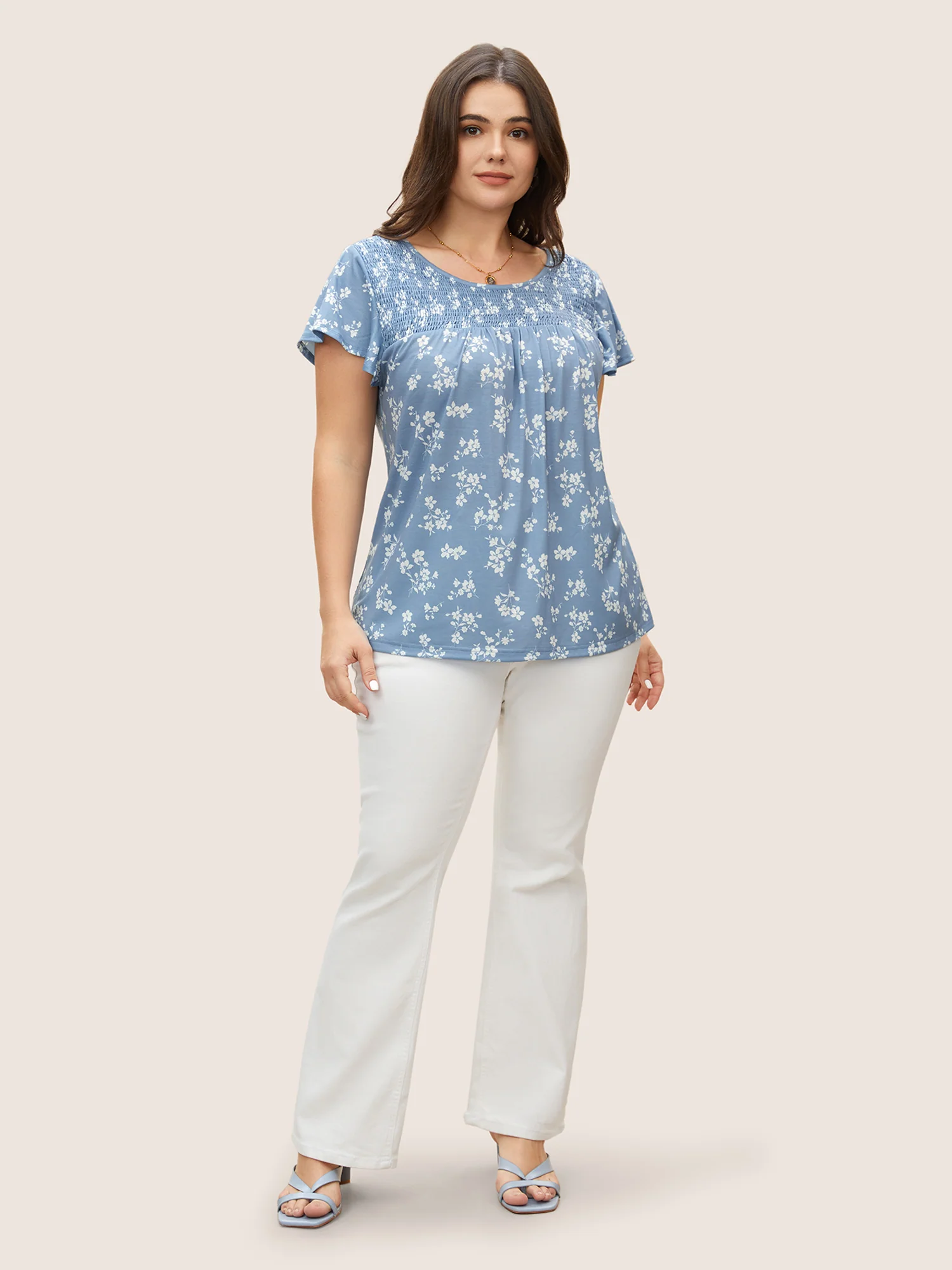 Round Neck Floral Print Shirred T-shirt - Image 2