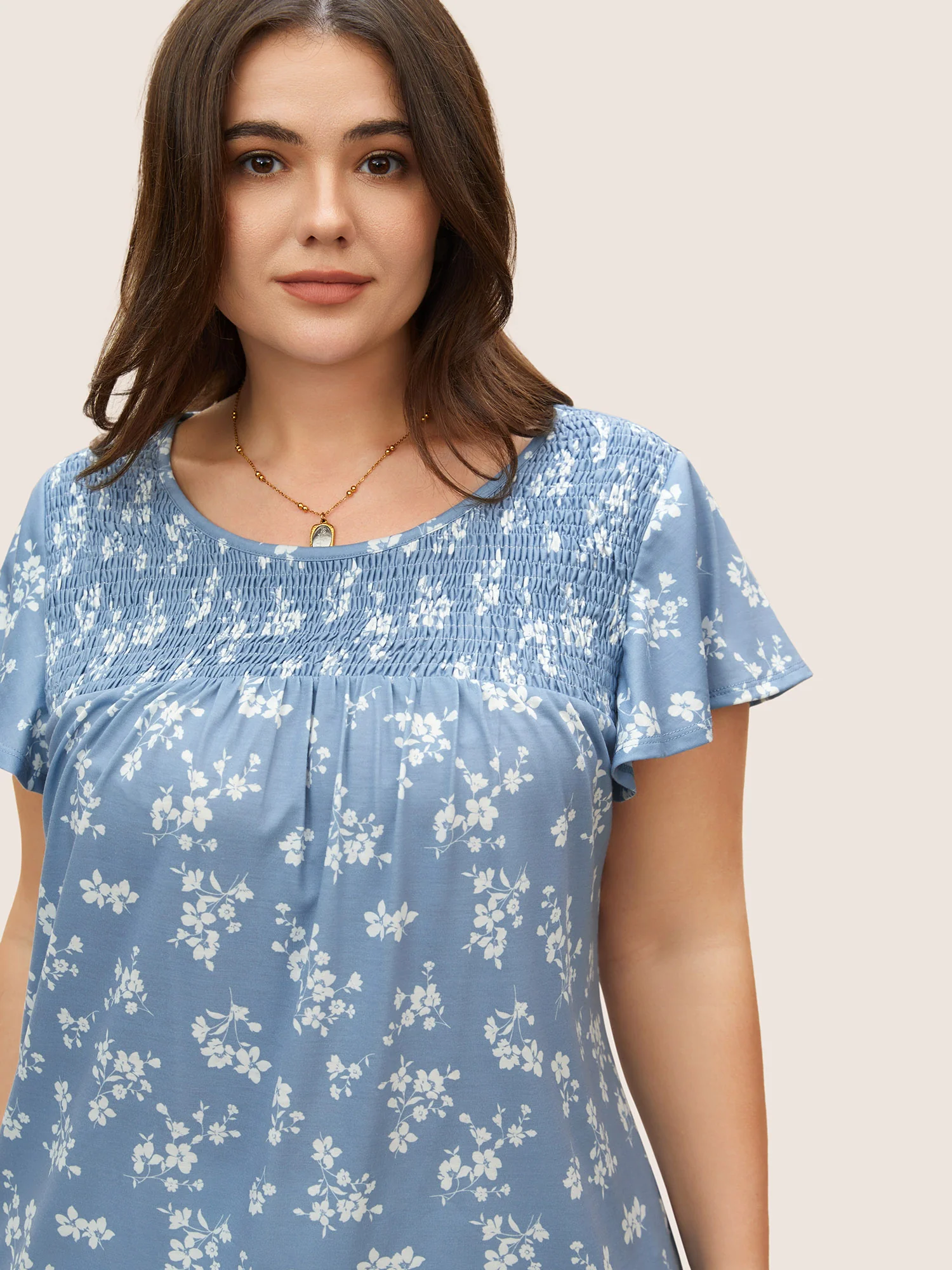 Round Neck Floral Print Shirred T-shirt - Image 3