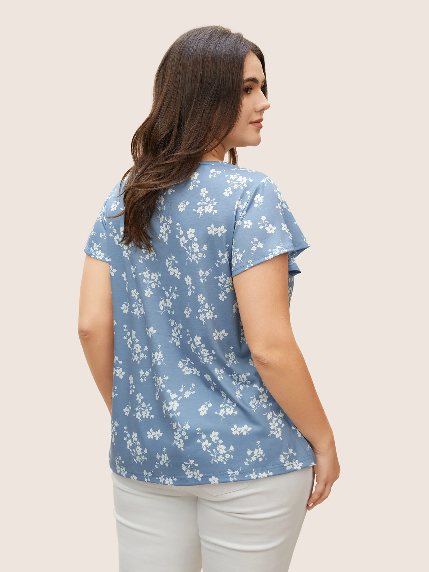 Round Neck Floral Print Shirred T-shirt - Image 4