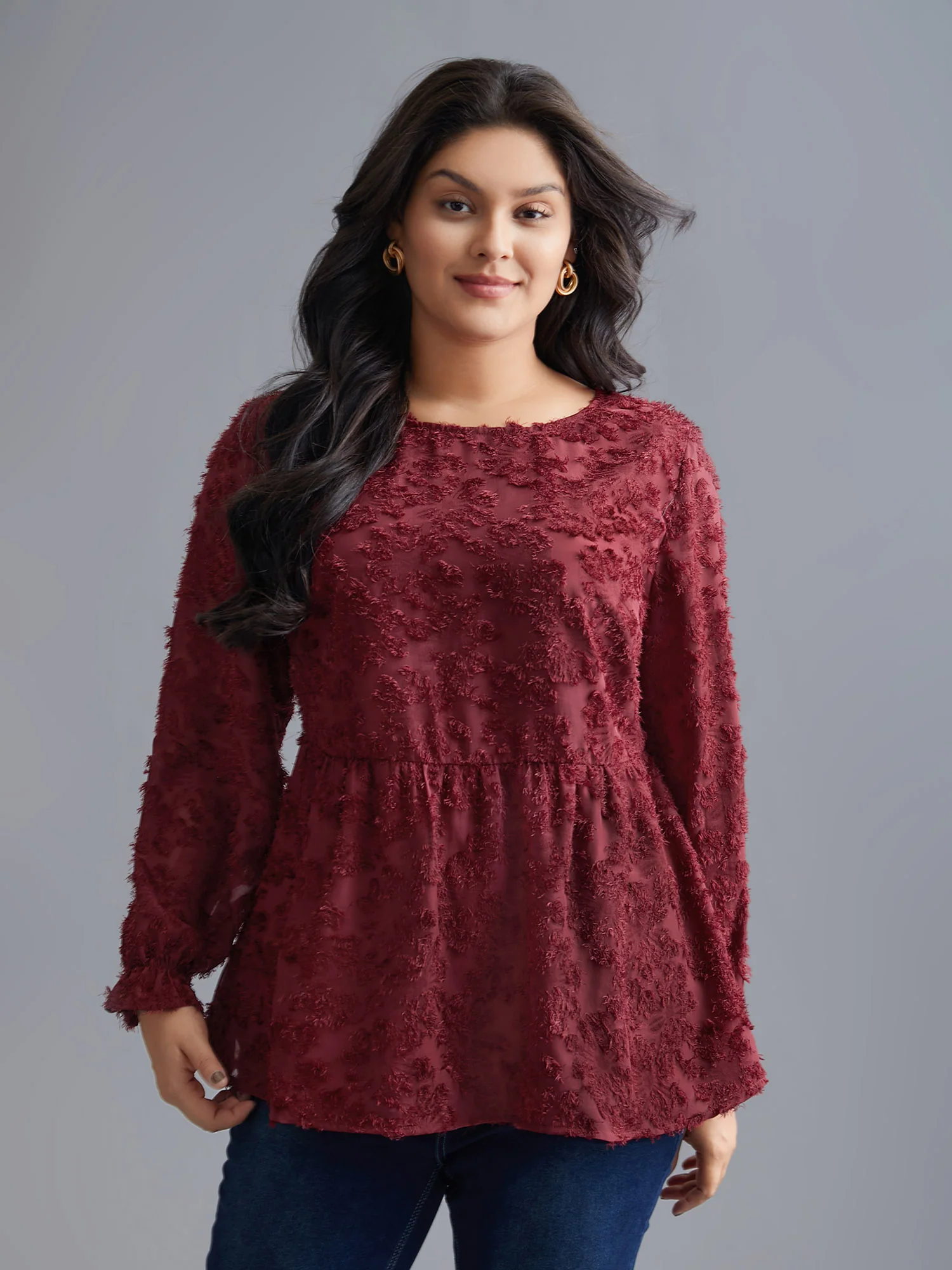 Round Neck Jacquard Plisse Ruched Blouse - Image 2