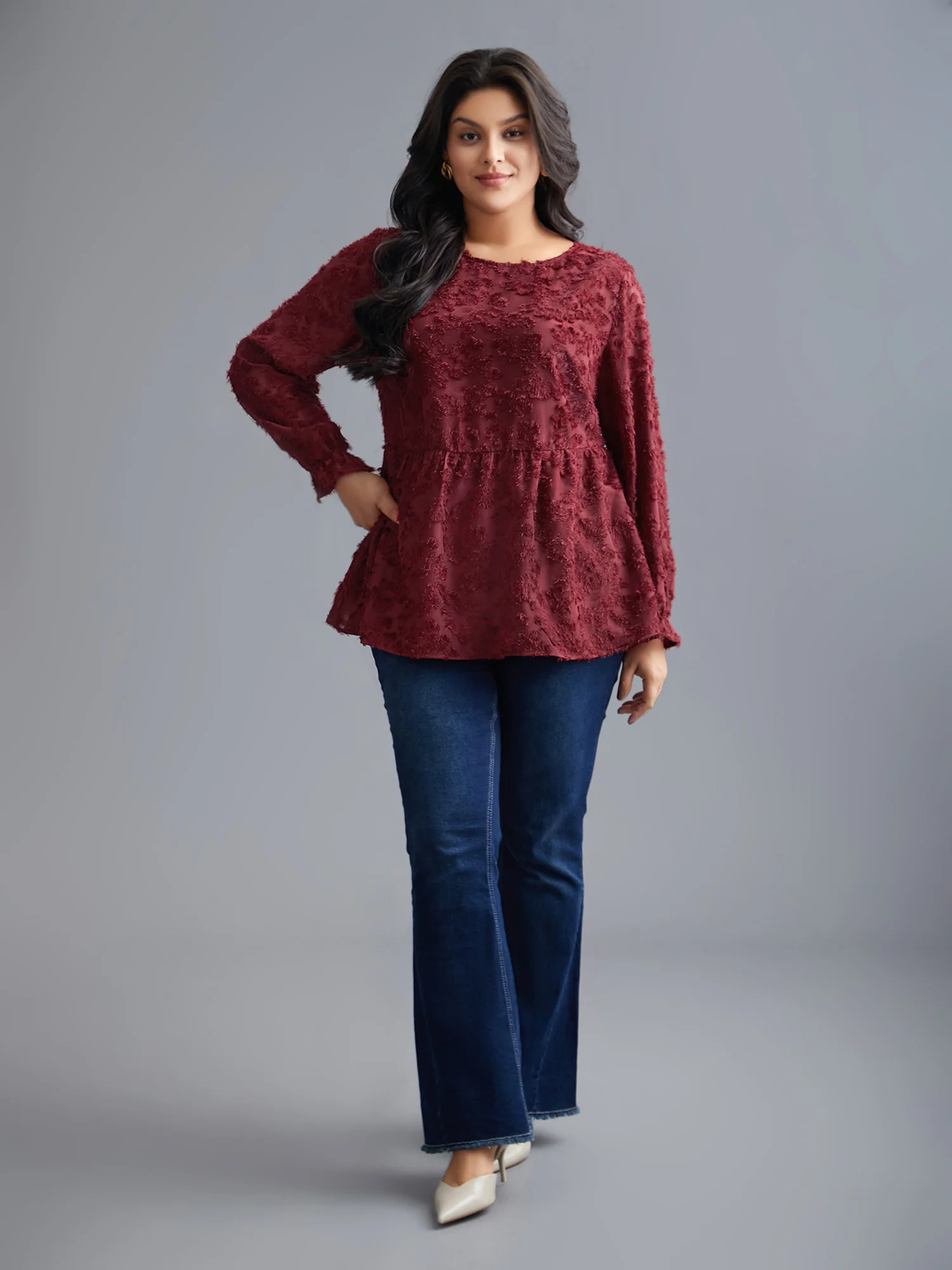 Round Neck Jacquard Plisse Ruched Blouse - Image 3