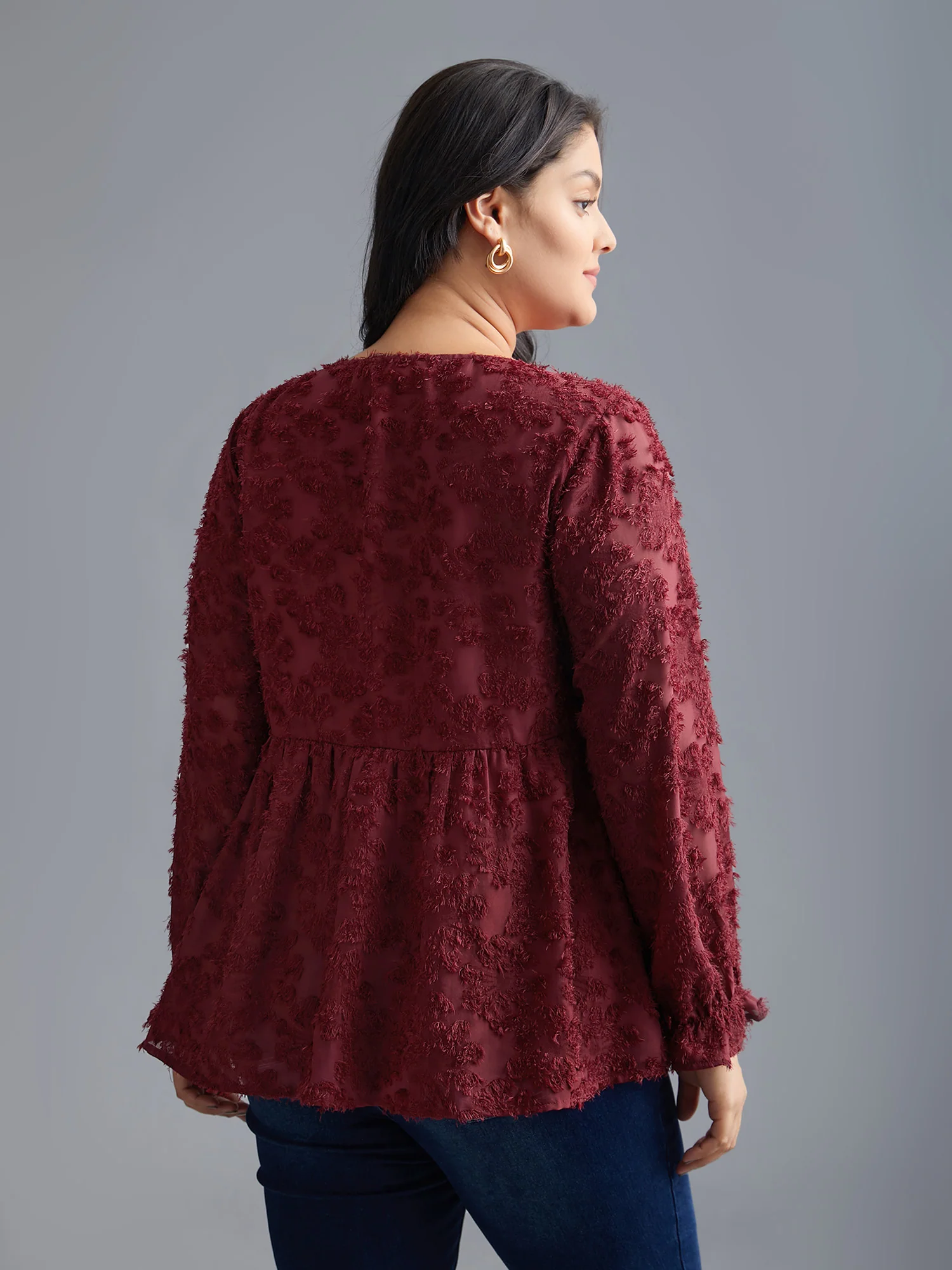 Round Neck Jacquard Plisse Ruched Blouse - Image 4