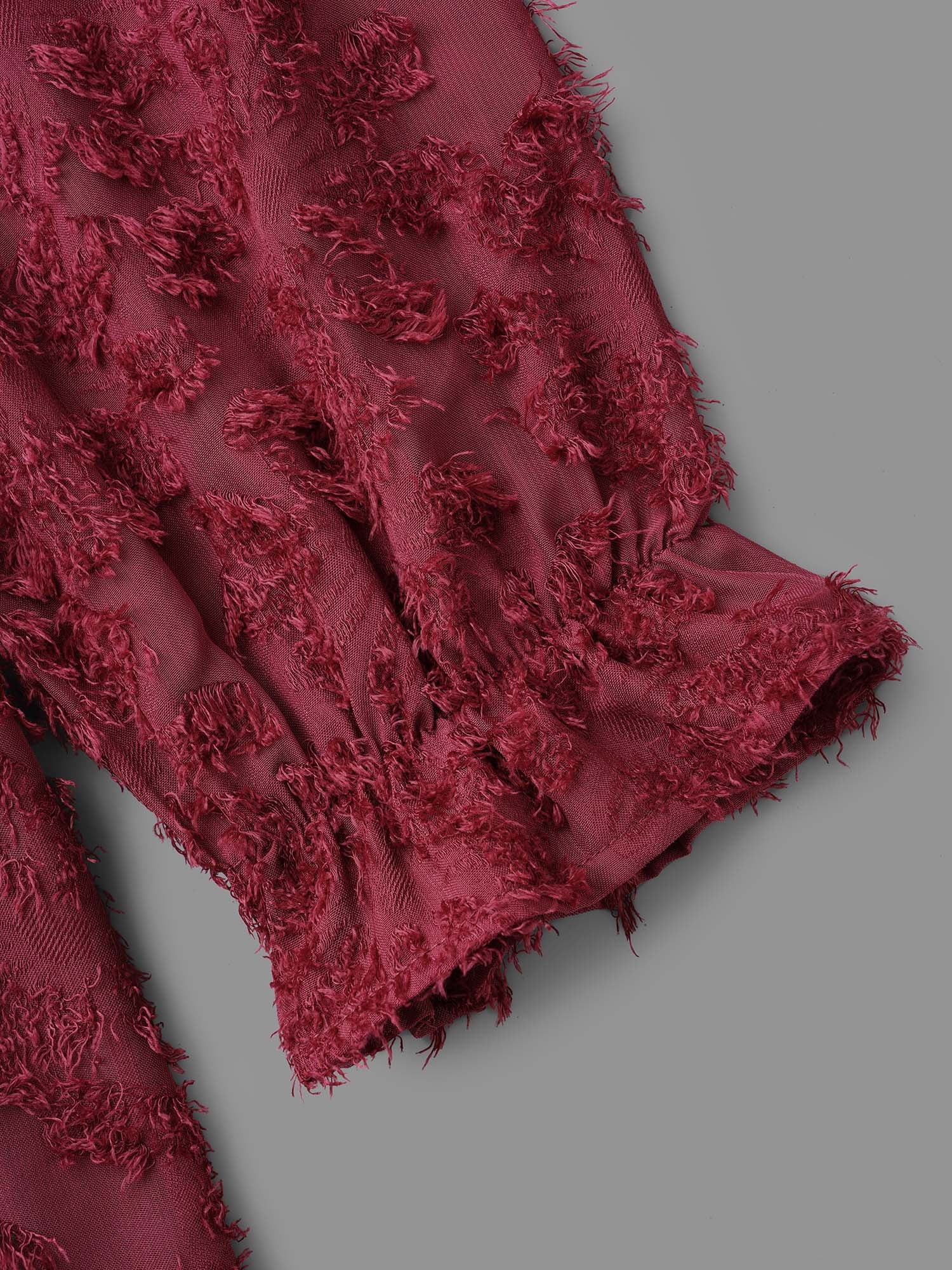 Round Neck Jacquard Plisse Ruched Blouse - Image 5