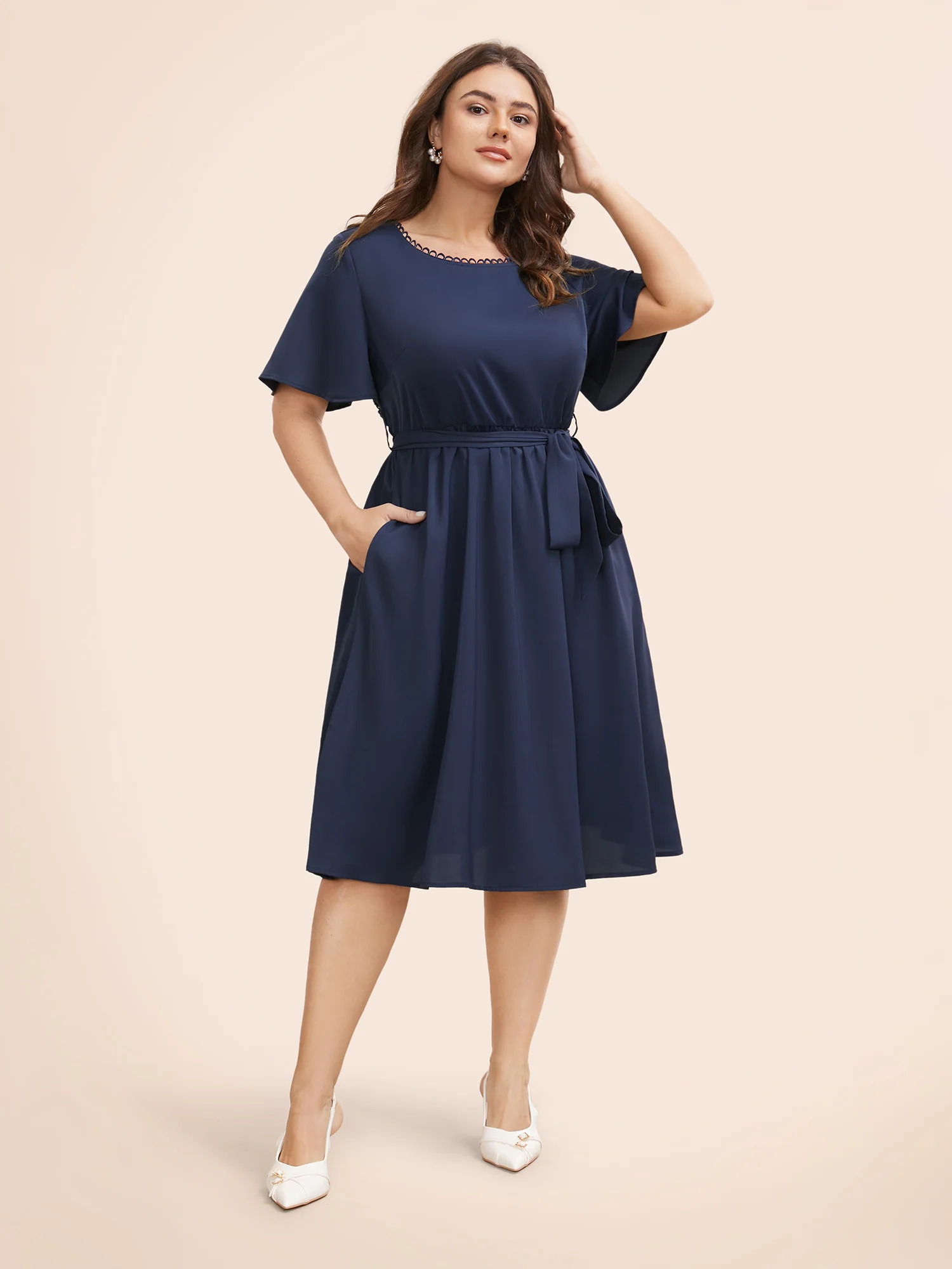 Round Neck Lace Patchwork Ruffle Sleeve Dress - Image 2