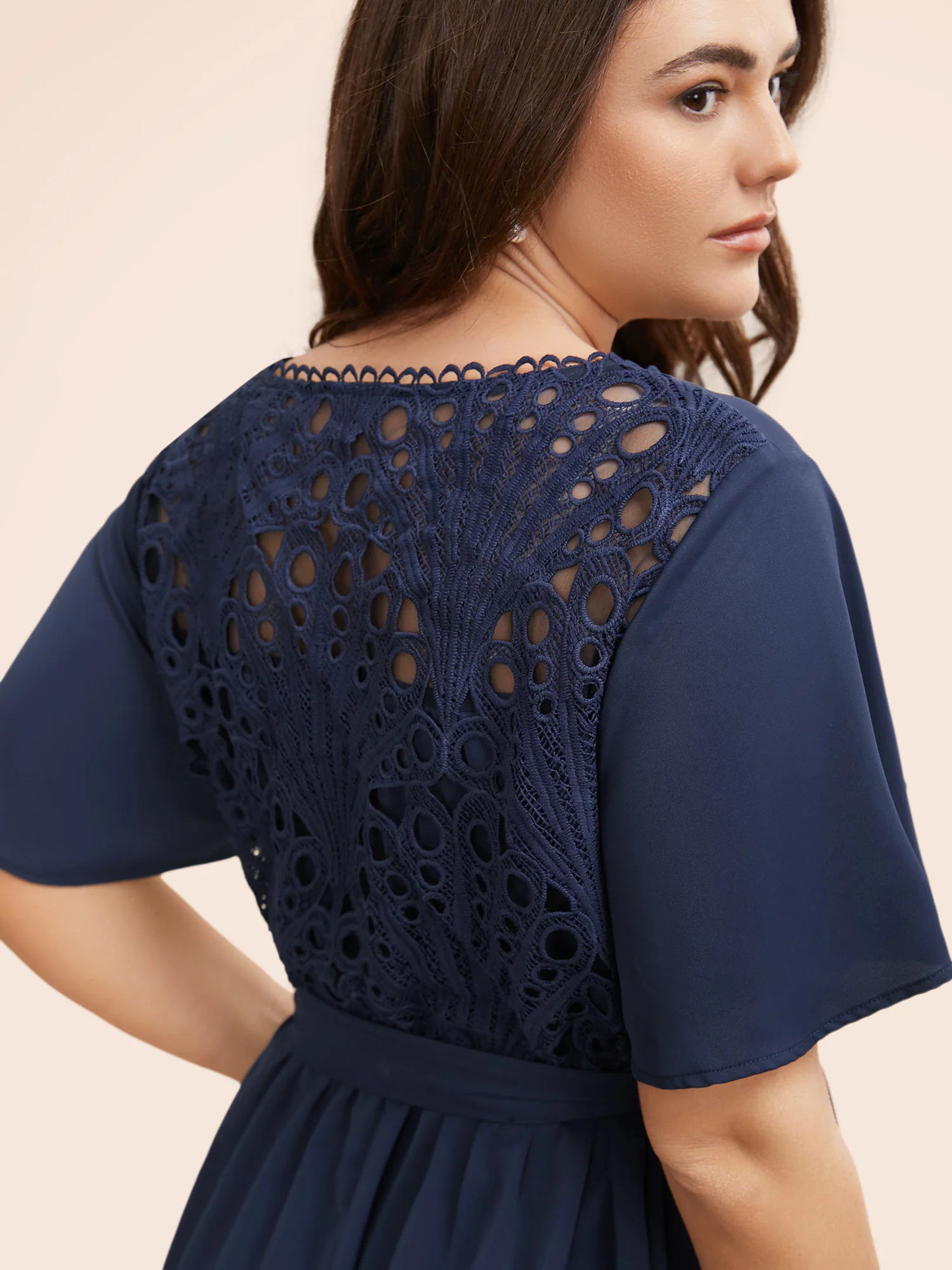 Round Neck Lace Patchwork Ruffle Sleeve Dress - Image 4