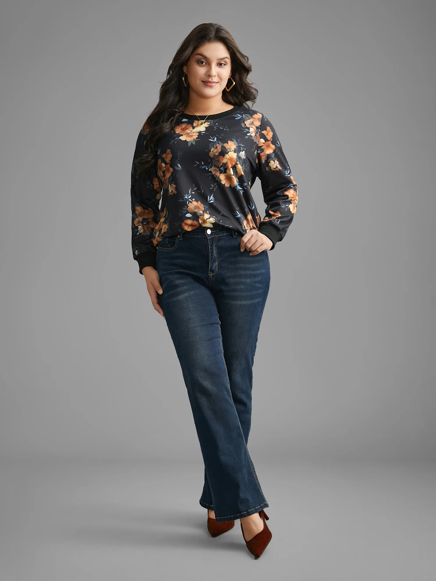 Round Neck Natural Flowers Slightly Stretchy Sweatshirt - Image 2