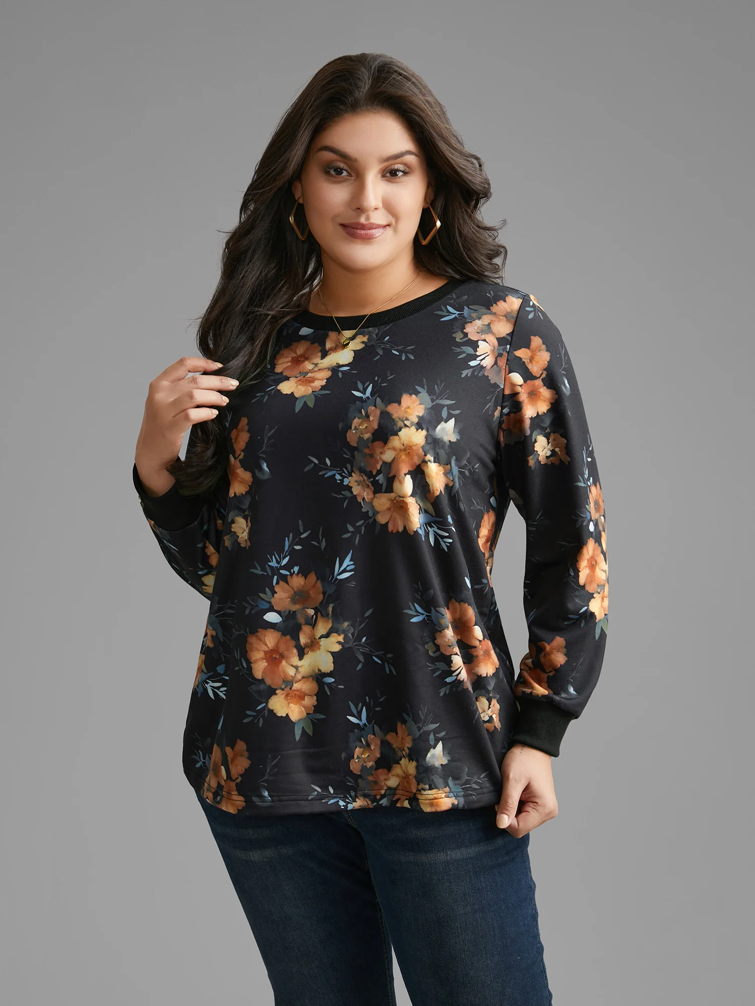Round Neck Natural Flowers Slightly Stretchy Sweatshirt - Image 4