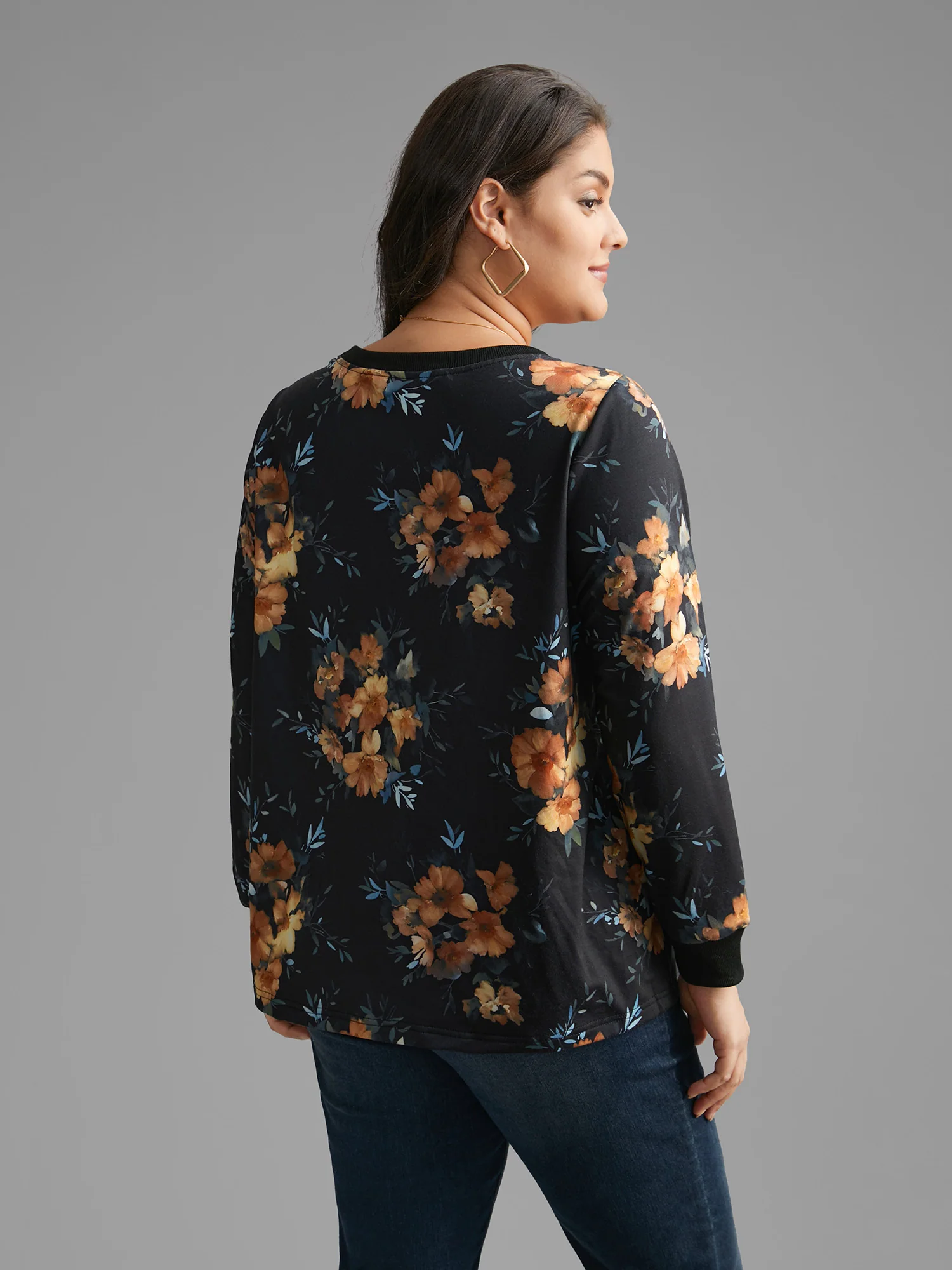 Round Neck Natural Flowers Slightly Stretchy Sweatshirt - Image 5