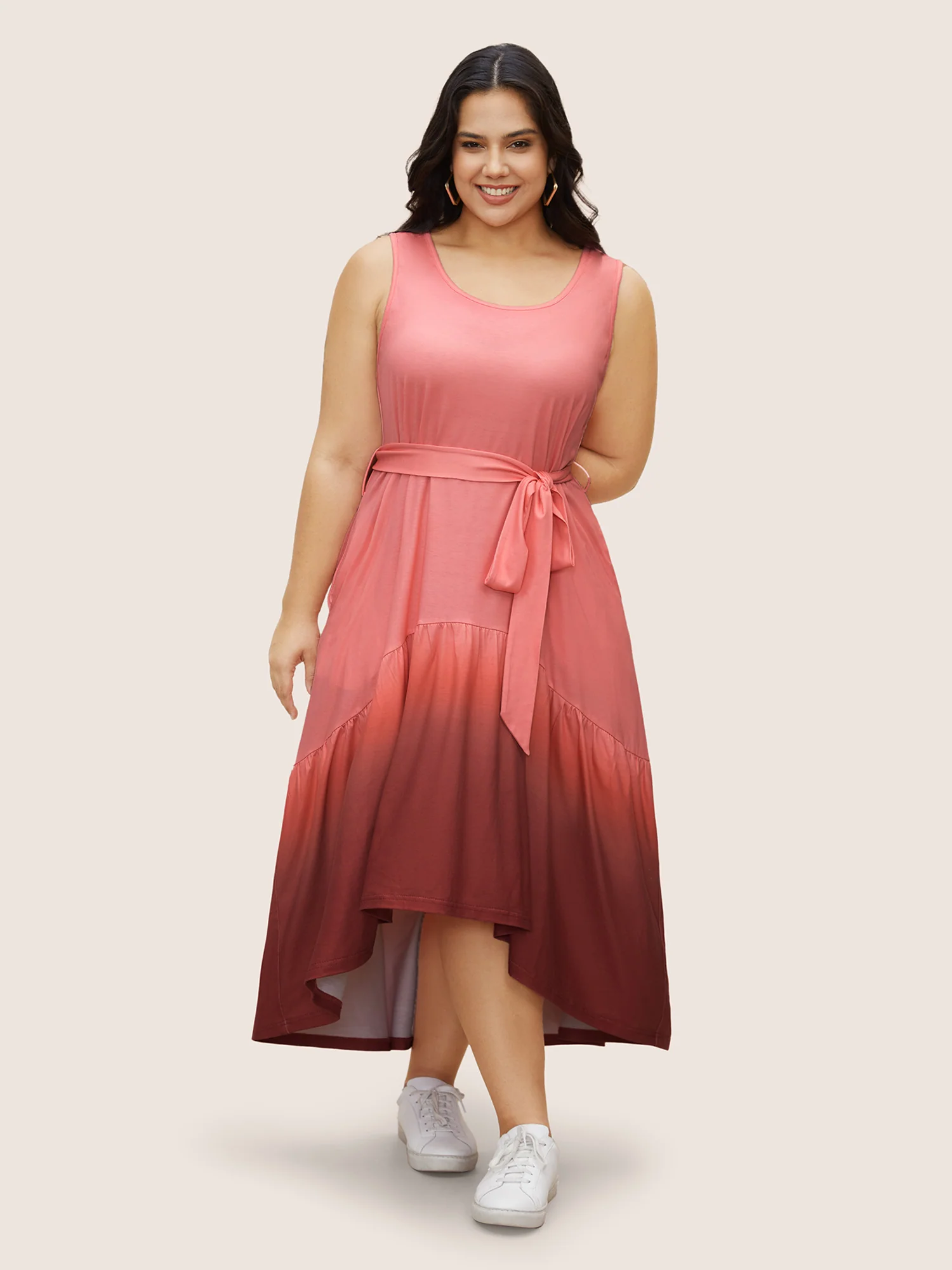 Round Neck Ombre Belted Tank Dress - Image 2