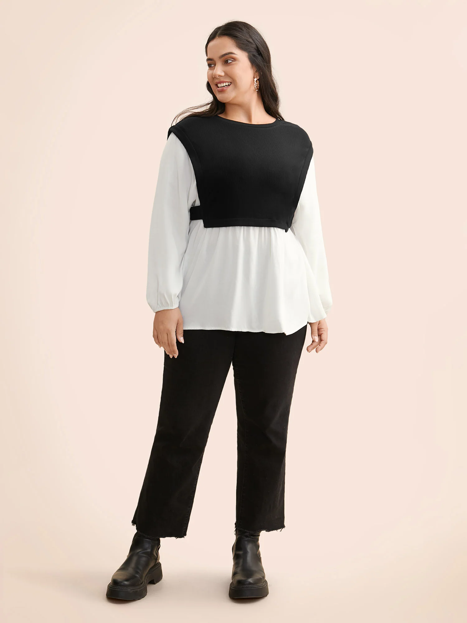 Round Neck Patchwork Contrast Gathered Blouse - Image 2