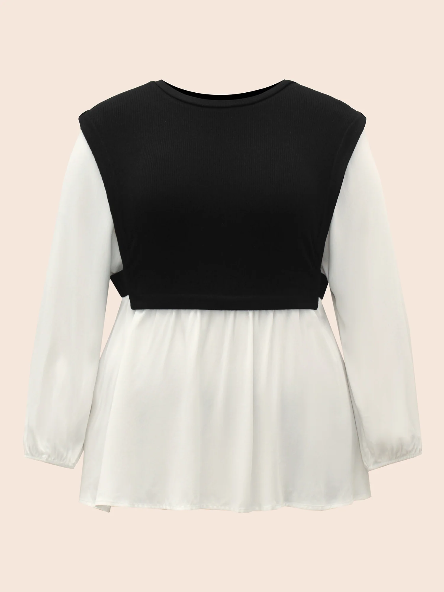 Round Neck Patchwork Contrast Gathered Blouse - Image 7