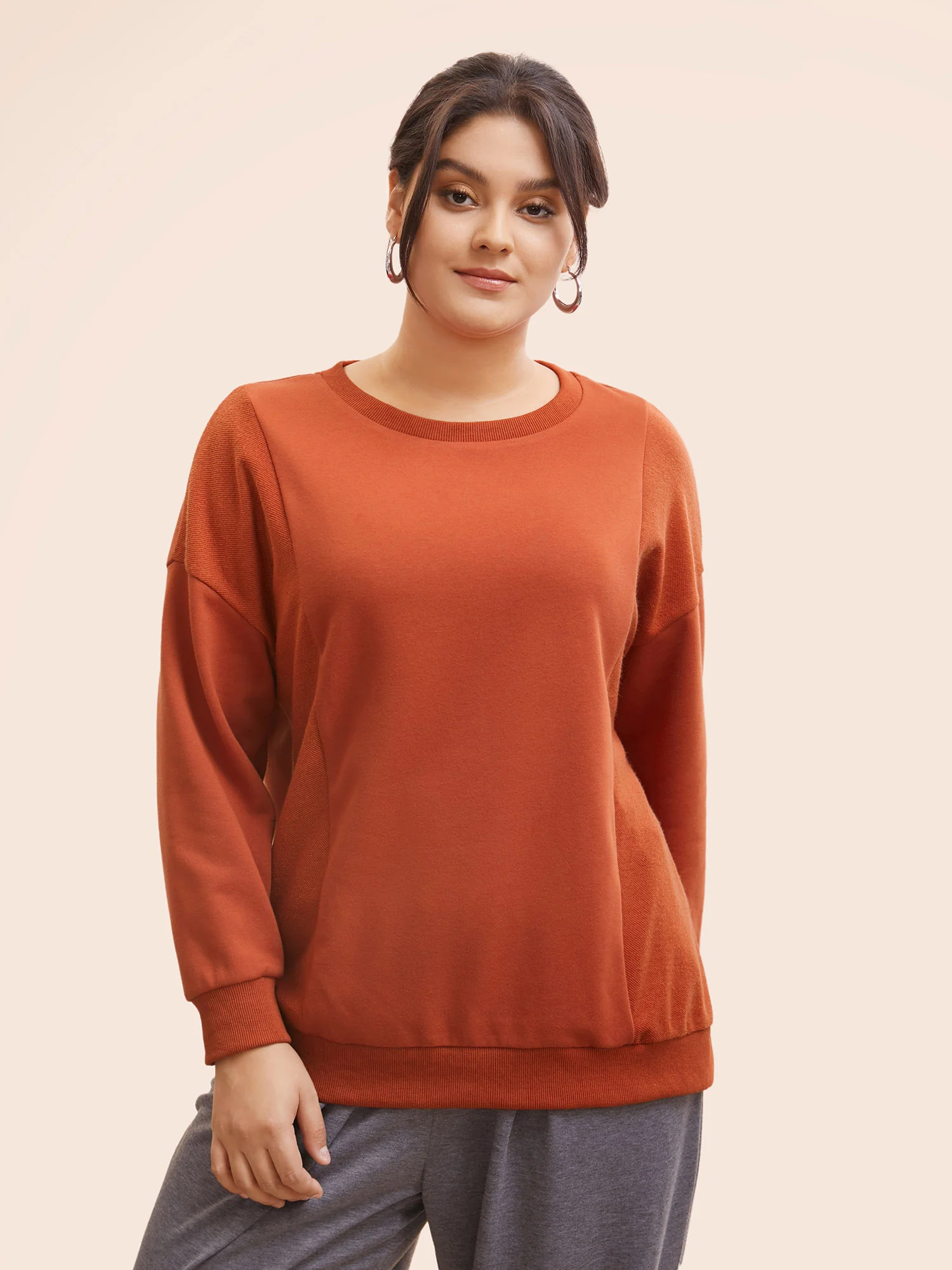 Round Neck Patchwork Drop Shoulder Sweatshirt - Image 3
