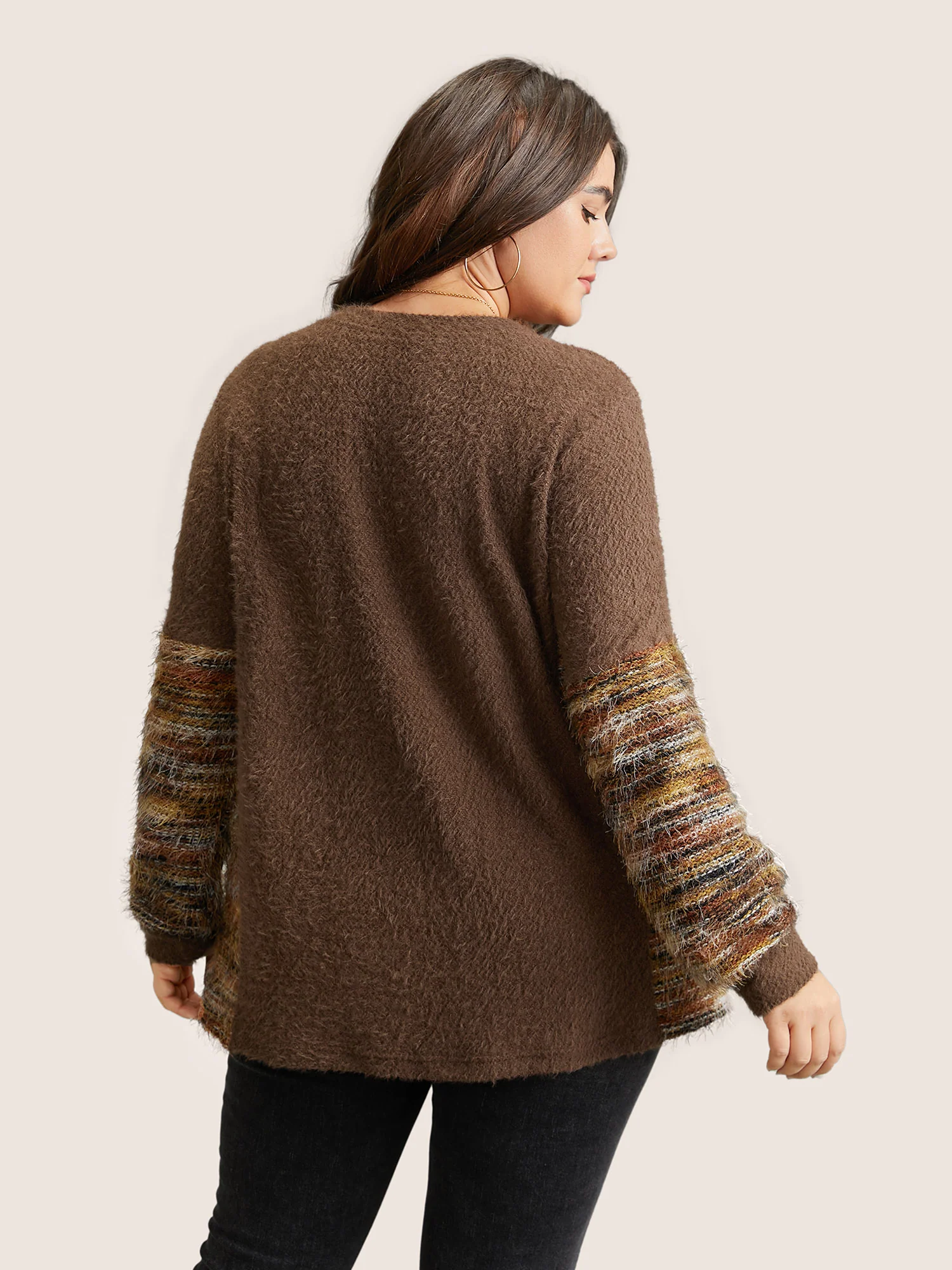 Round Neck Patchwork Heather Fluffy Sweatshirt - Image 3