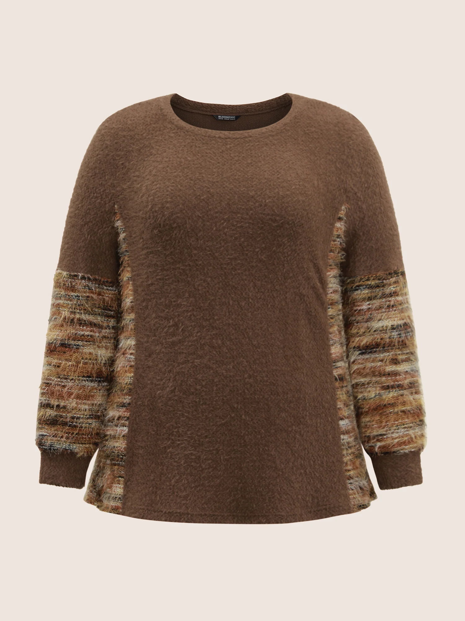 Round Neck Patchwork Heather Fluffy Sweatshirt - Image 6