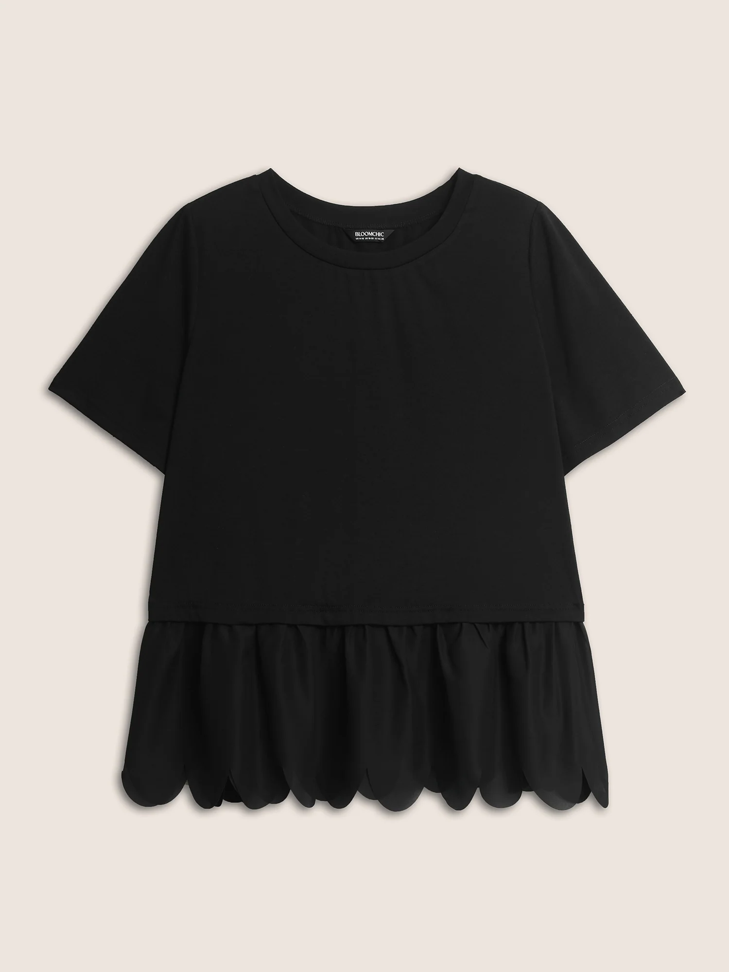 Round Neck Patchwork Scalloped Trim T-shirt - Image 6