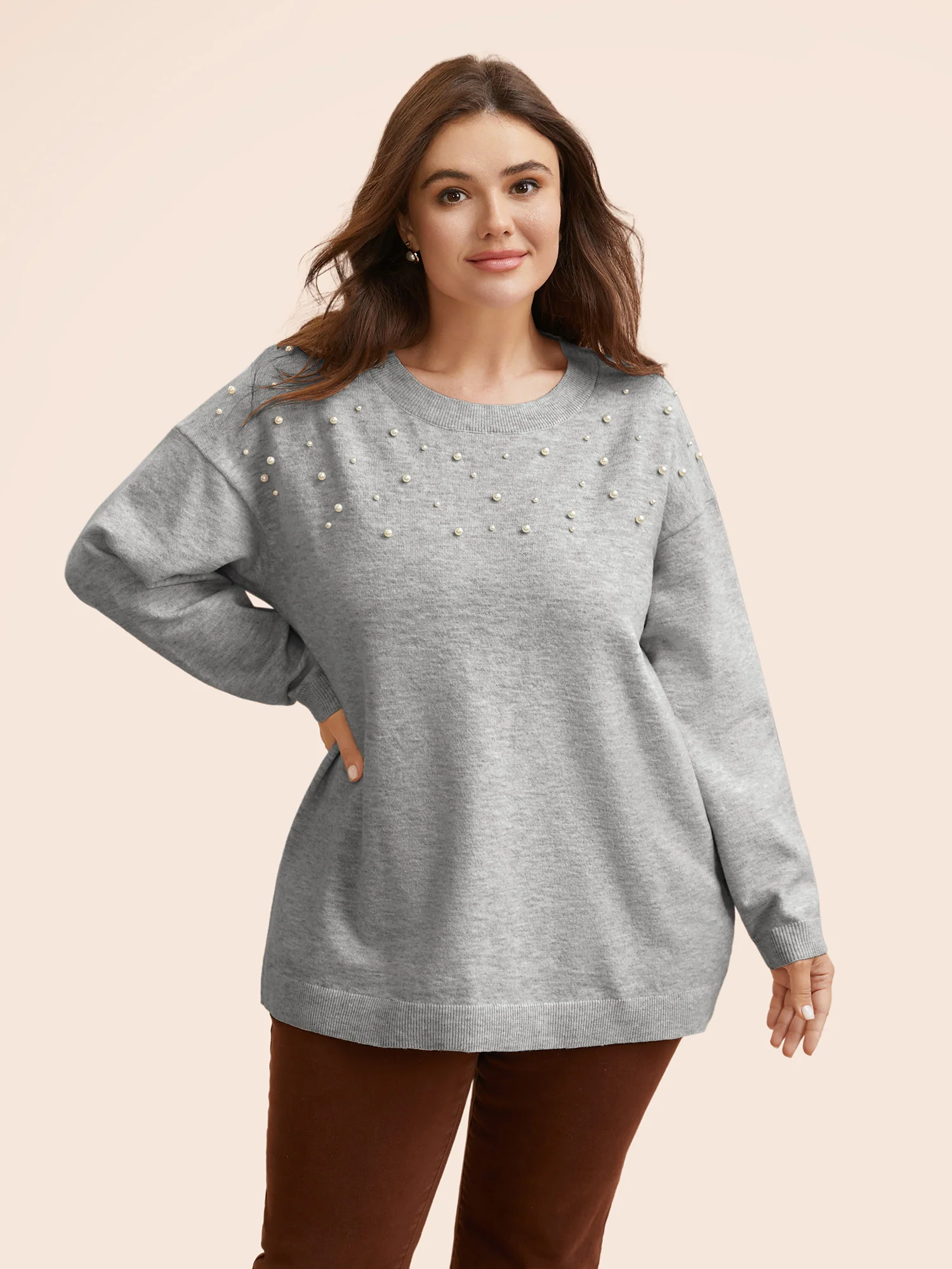 Round Neck Pearl Beaded Pullover - Image 11
