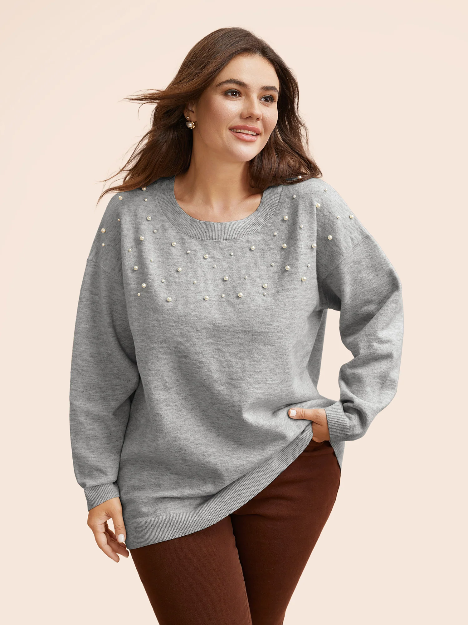 Round Neck Pearl Beaded Pullover - Image 8
