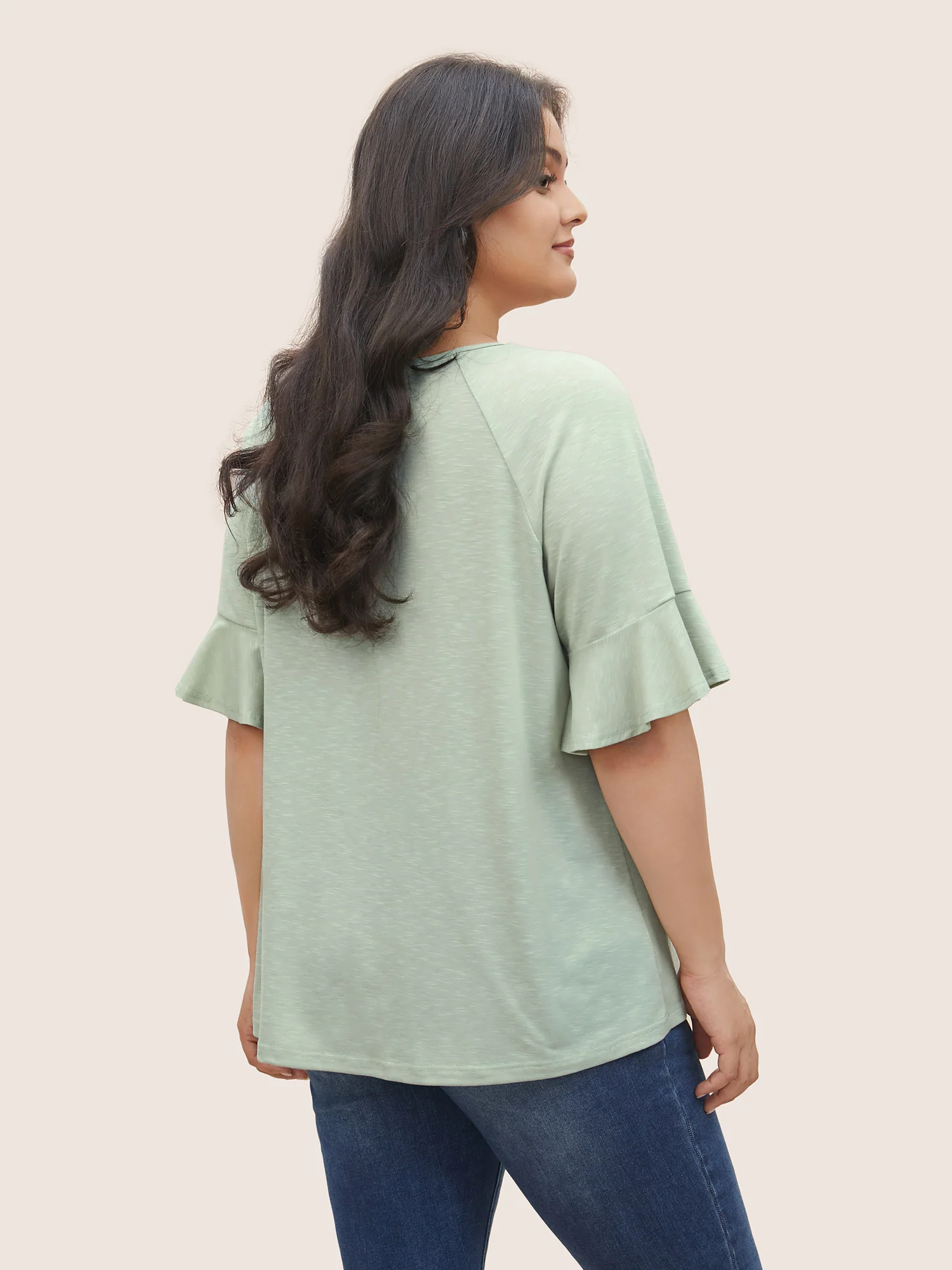 Round Neck Plain Gathered Ruffles T-shirt - Image 2