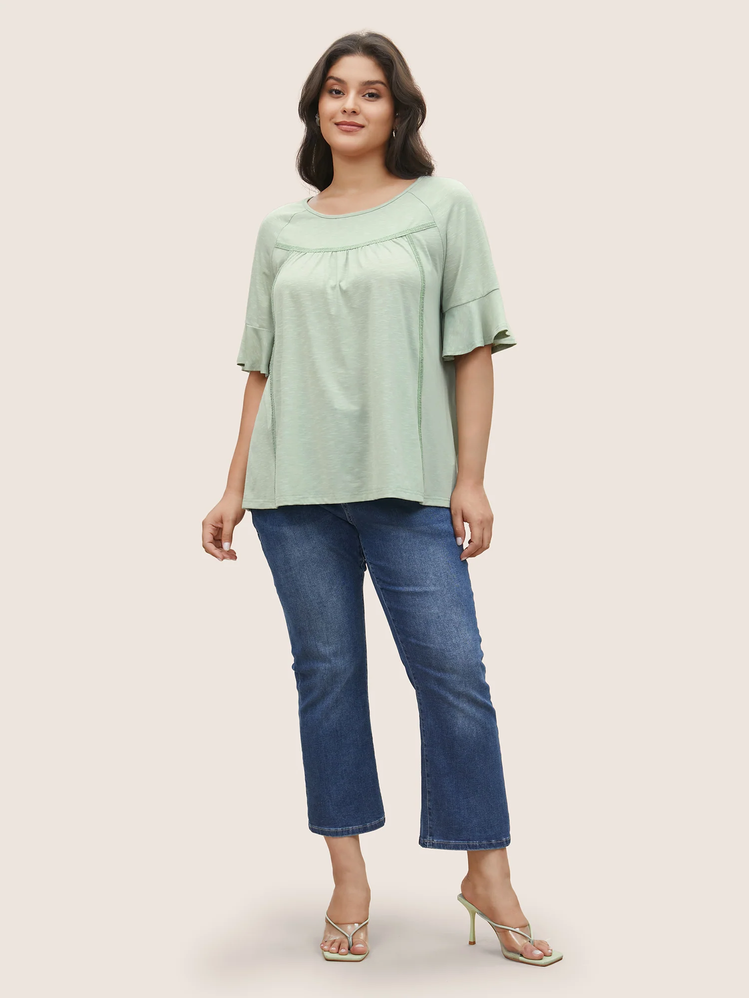 Round Neck Plain Gathered Ruffles T-shirt - Image 3