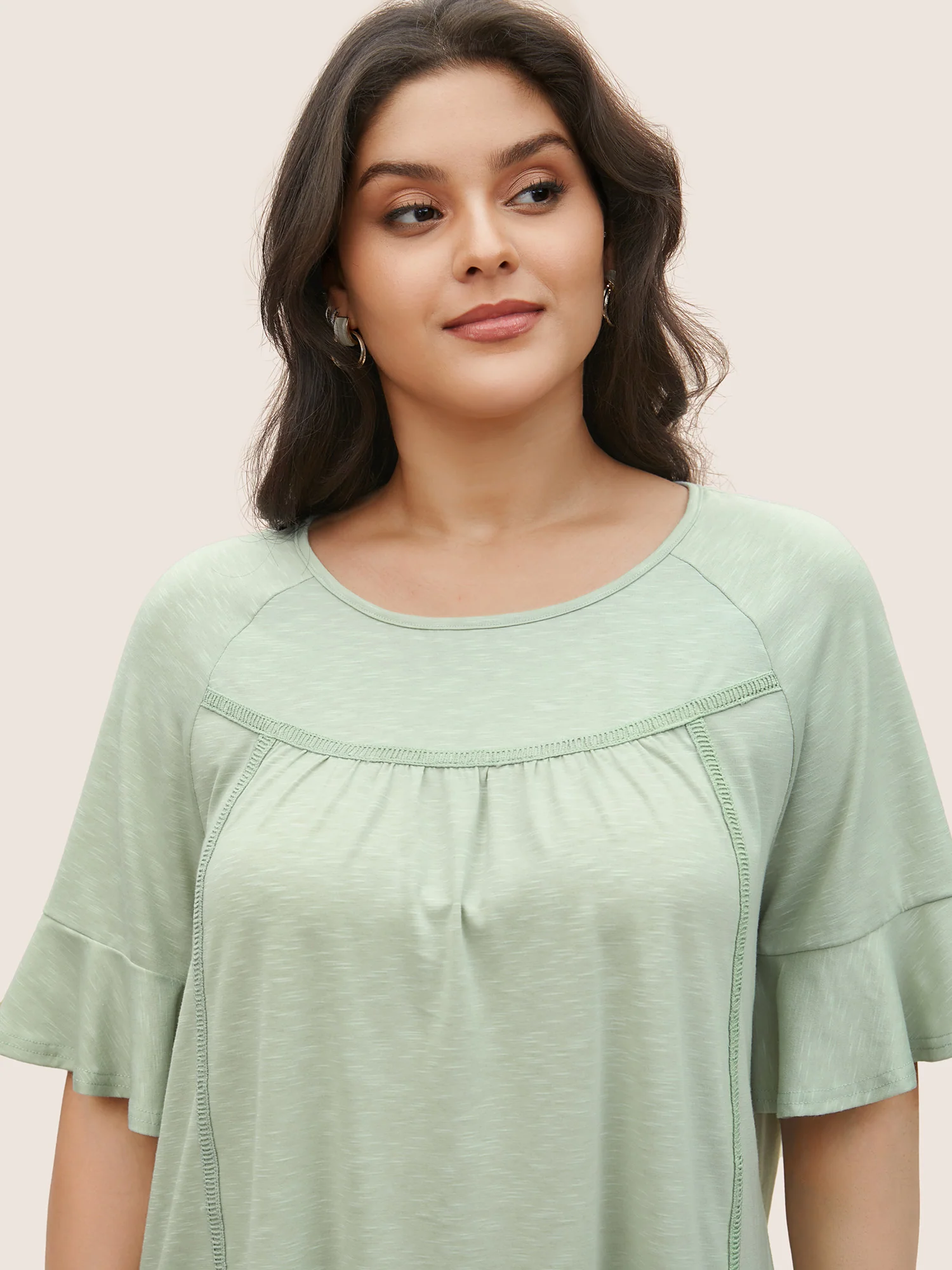 Round Neck Plain Gathered Ruffles T-shirt - Image 4