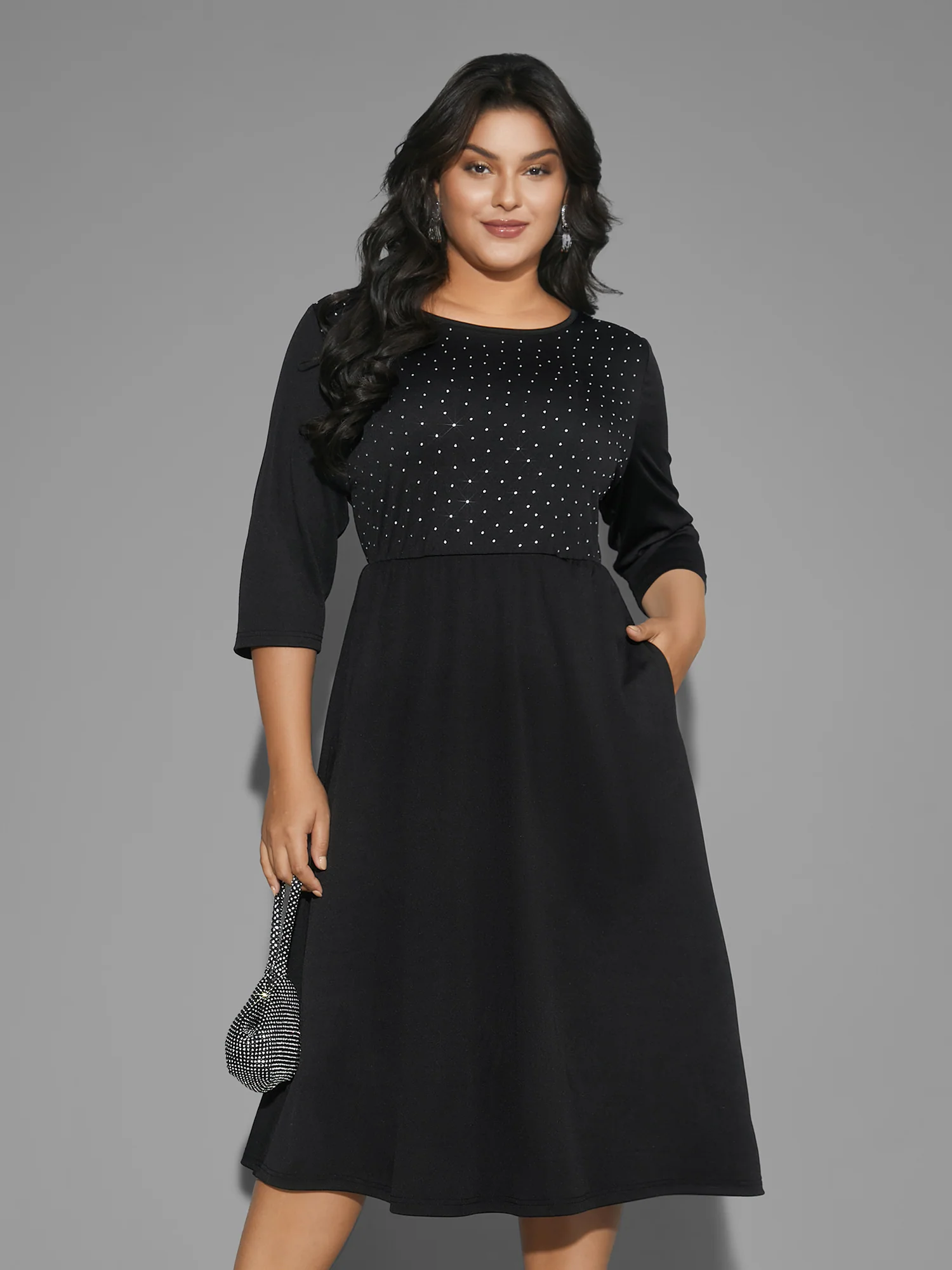 Round Neck Rhinestone Patchwork Midi Dress - Image 2