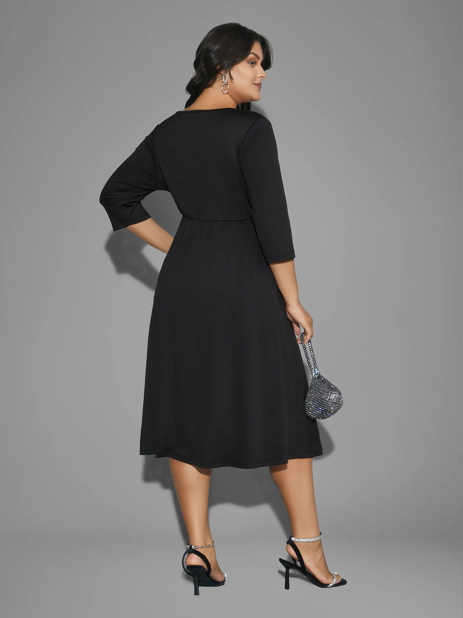 Round Neck Rhinestone Patchwork Midi Dress - Image 4