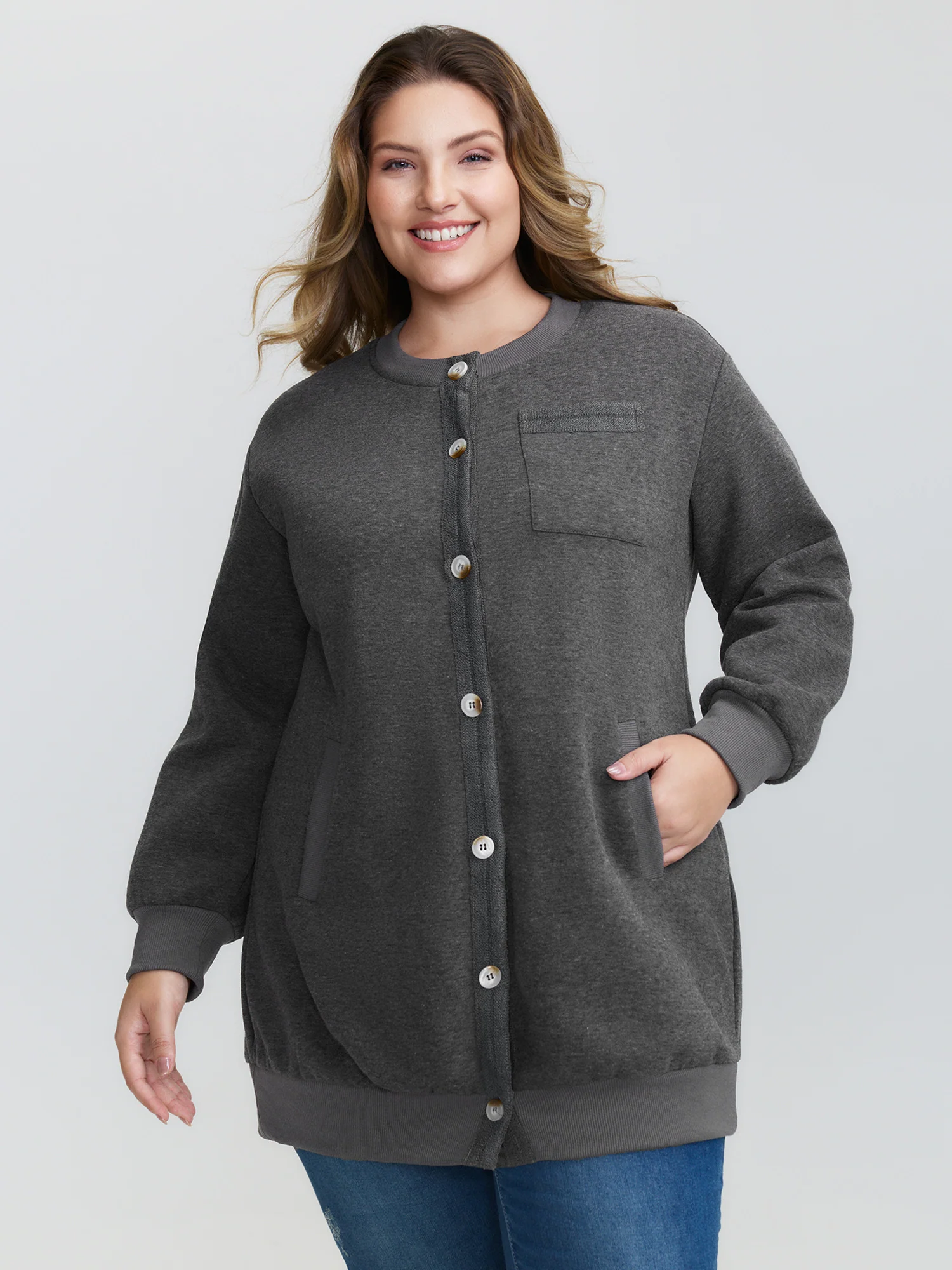 Round Neck Ribbed Hem Button Coat - Image 3
