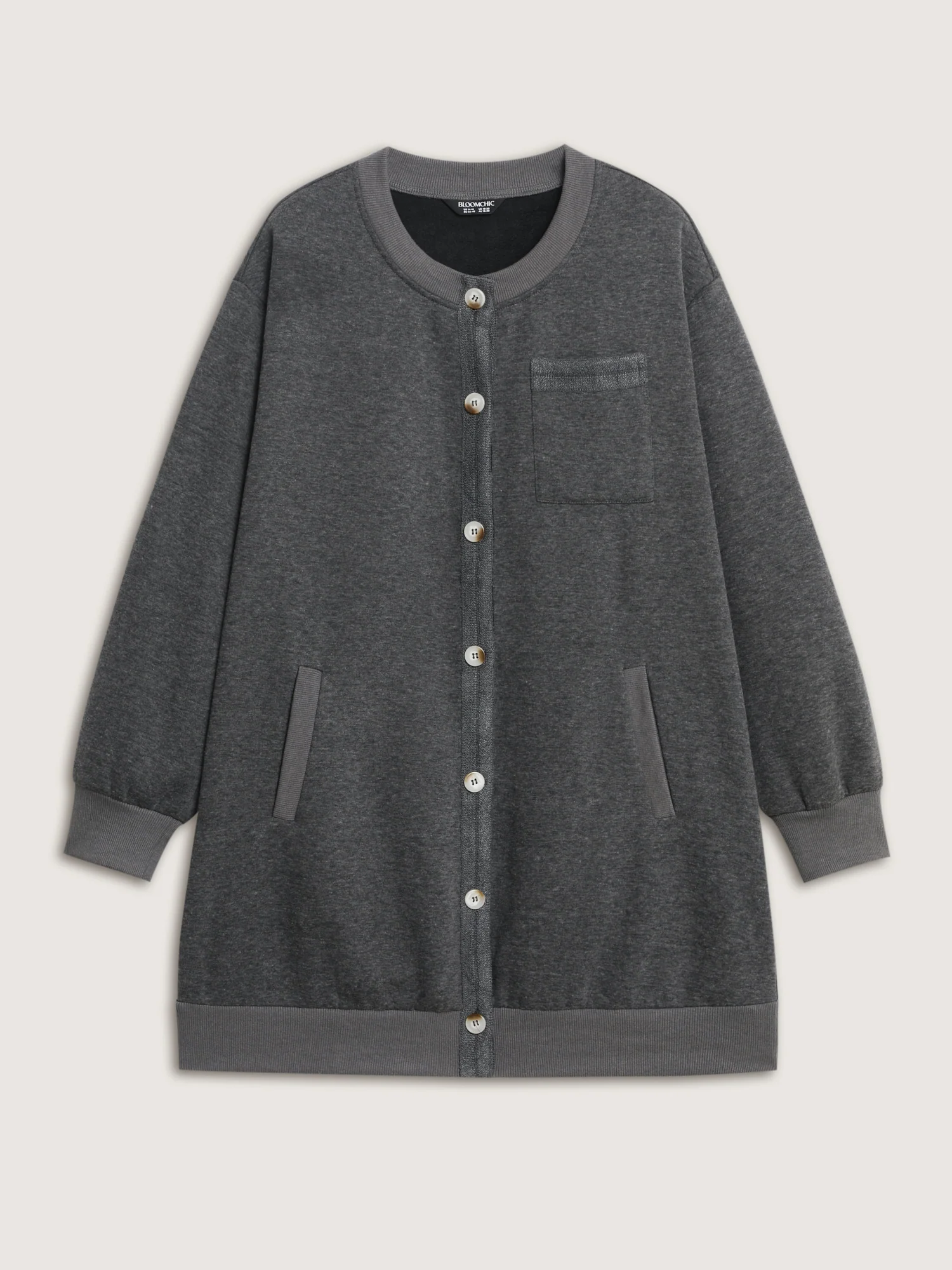 Round Neck Ribbed Hem Button Coat - Image 9