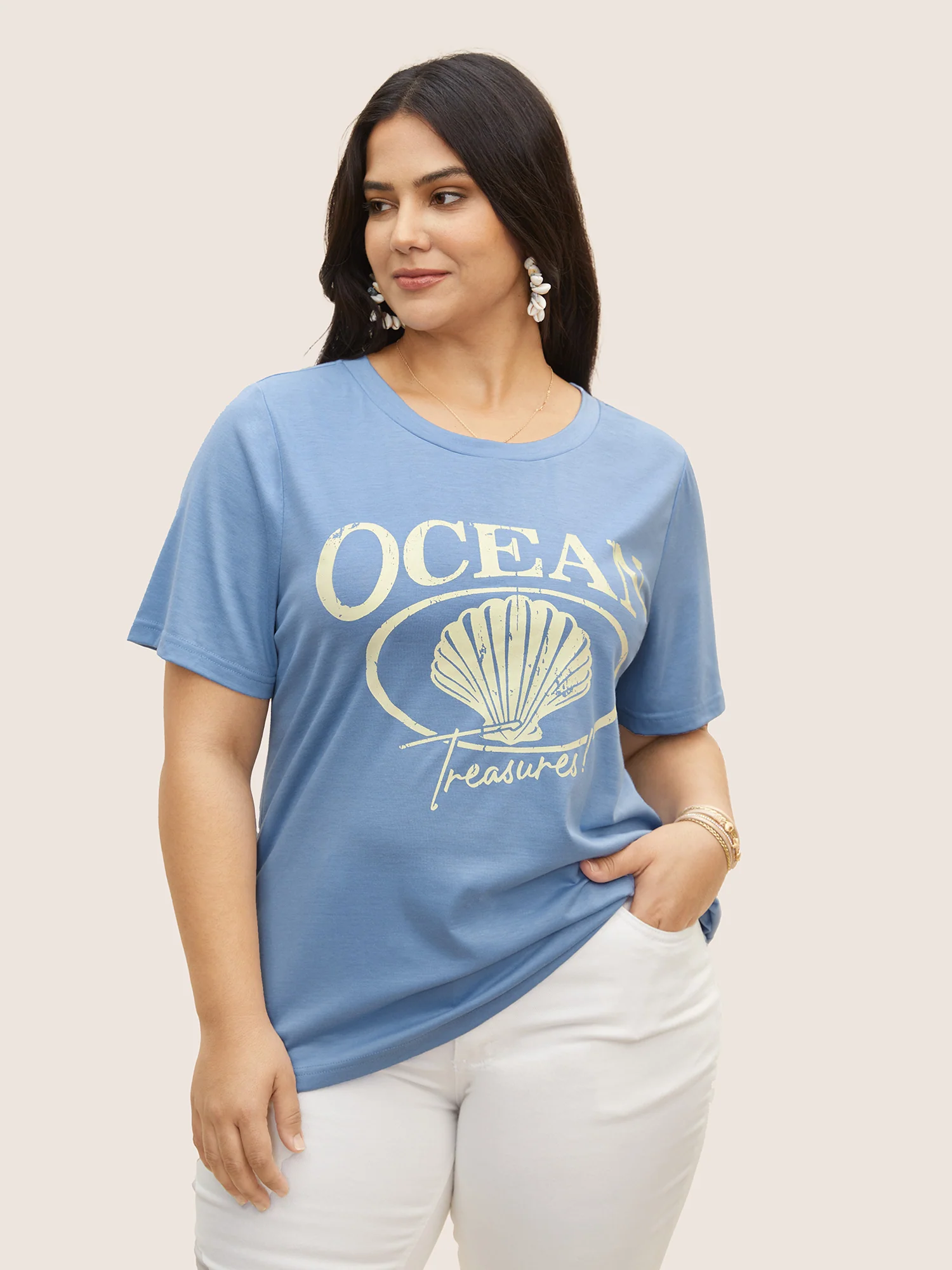 Round Neck Sea Shells Print T-shirt - Image 2