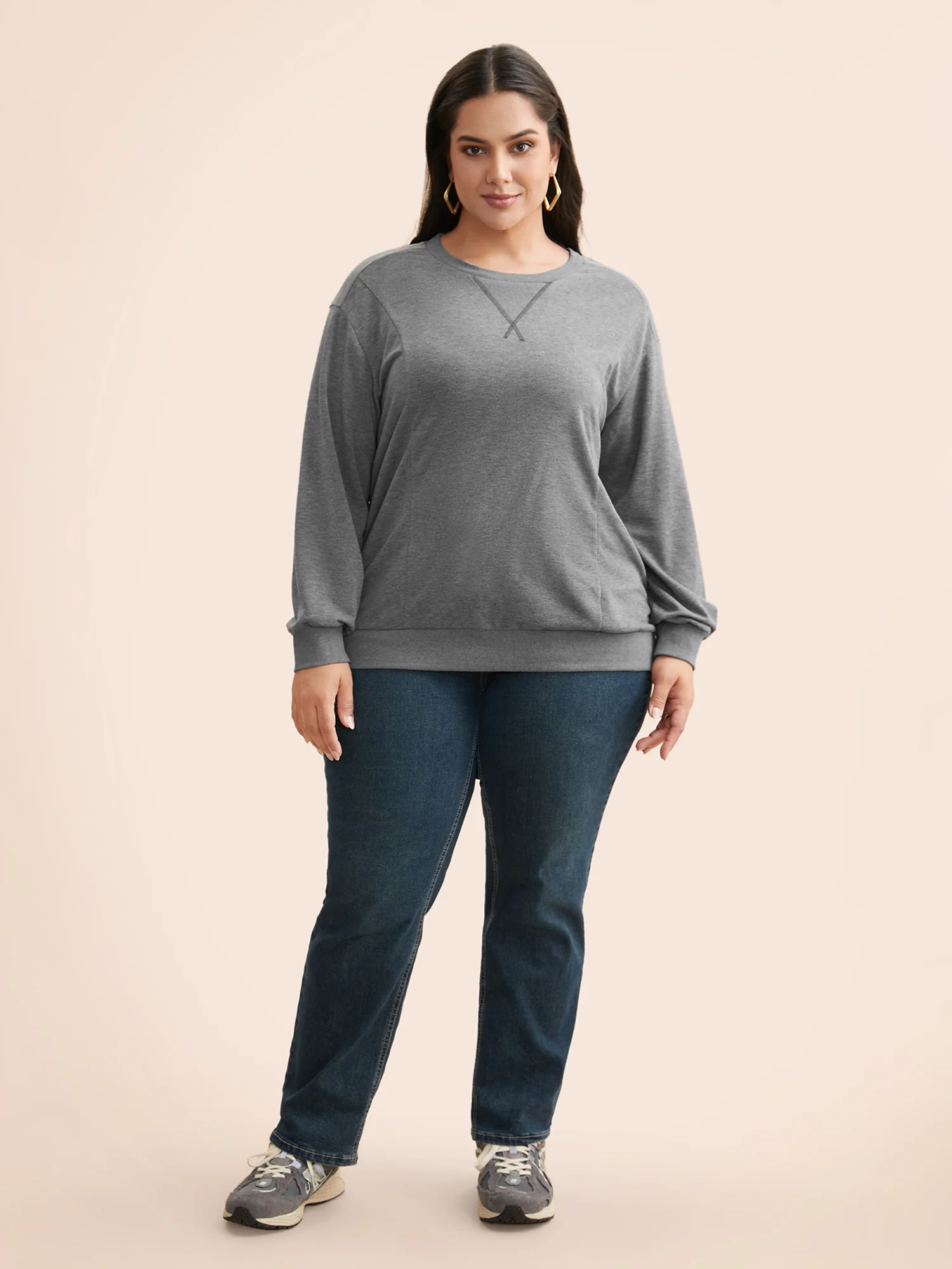 Round Neck Stitch Slightly Stretchy Sweatshirt - Image 3