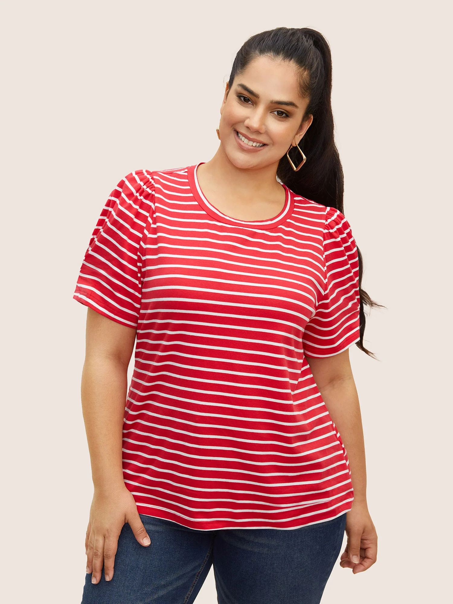 Round Neck Striped Bishop Sleeve T-shirt