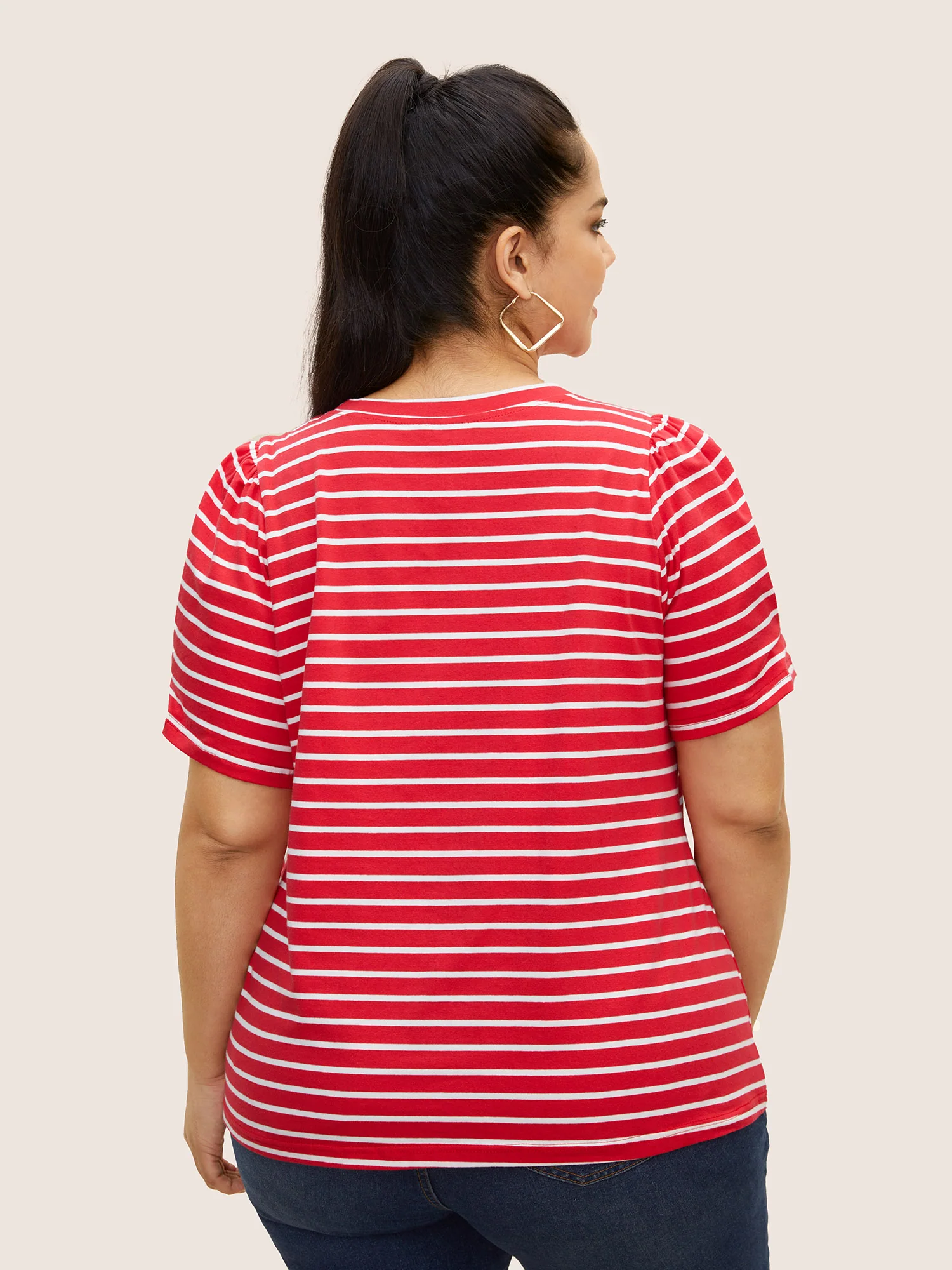 Round Neck Striped Bishop Sleeve T-shirt - Image 2