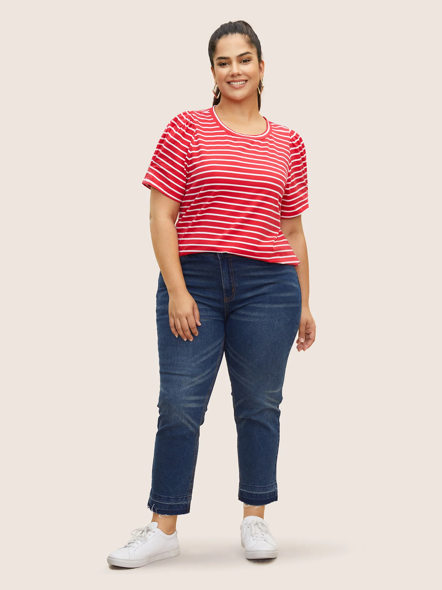 Round Neck Striped Bishop Sleeve T-shirt - Image 3